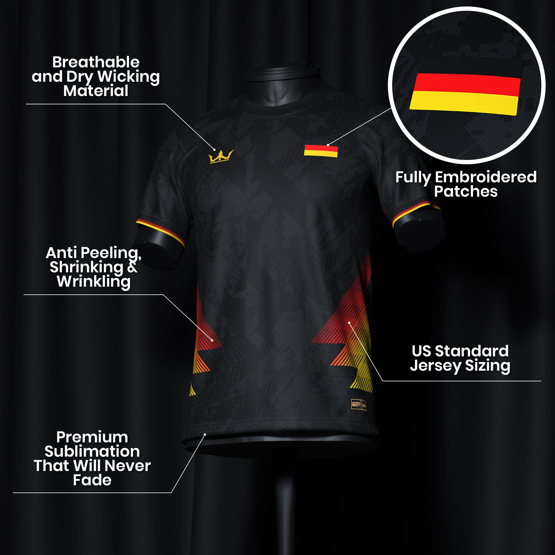 Germany Heritage Custom Black Football Jersey Closeup Details