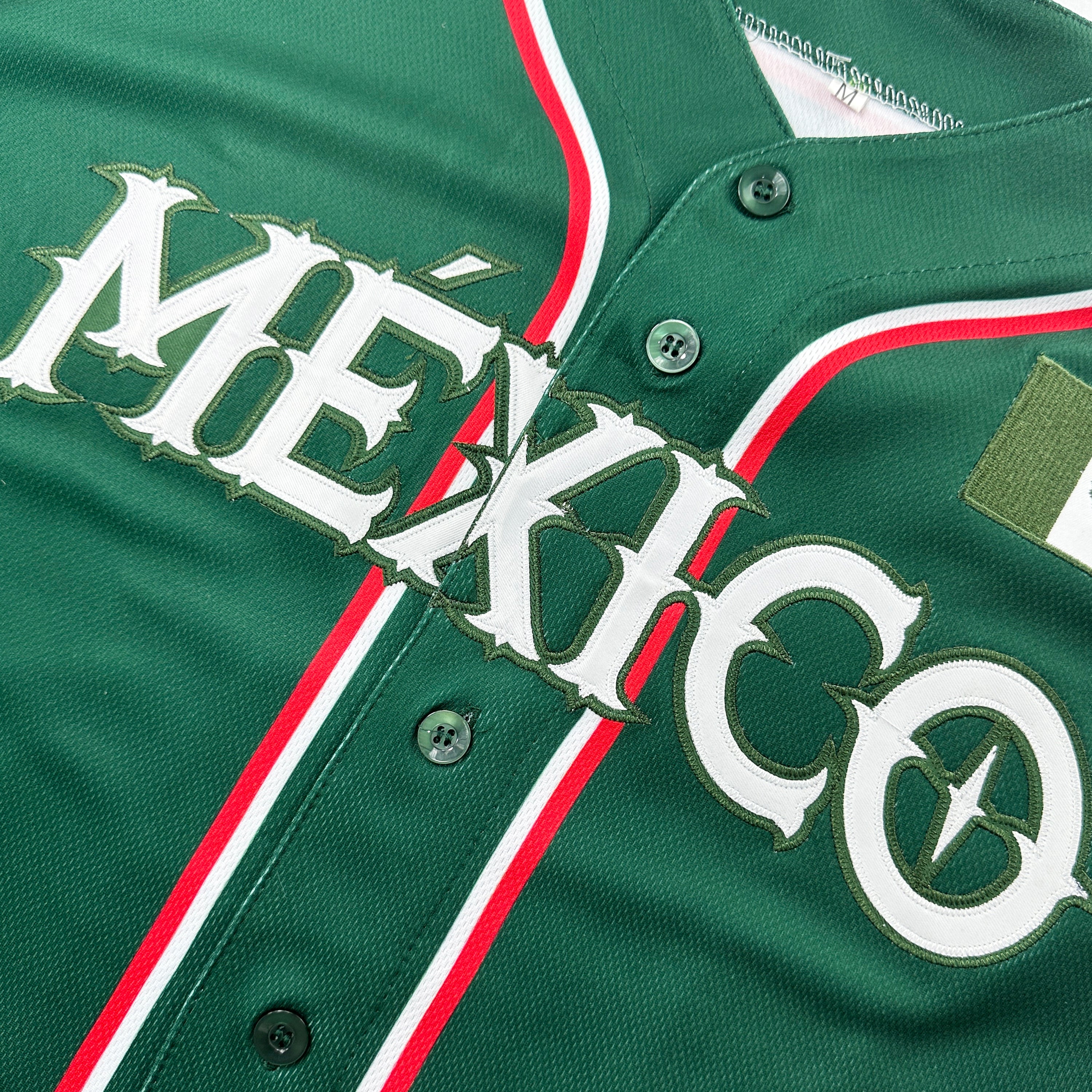 Mexico Heritage Custom Baseball Jersey Green Closeup Embroidered Front 