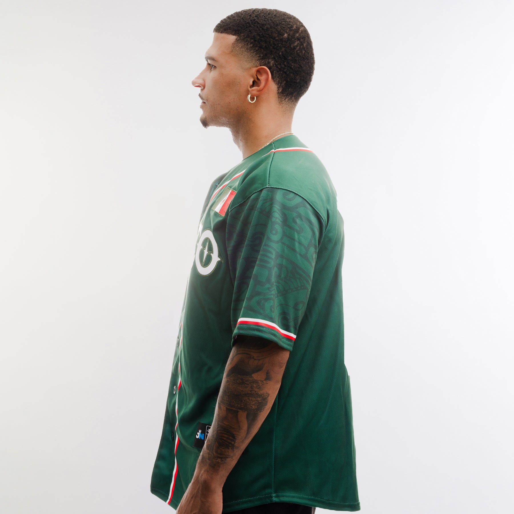 Mexico Heritage Custom Baseball Jersey Green Model Side Sleeves