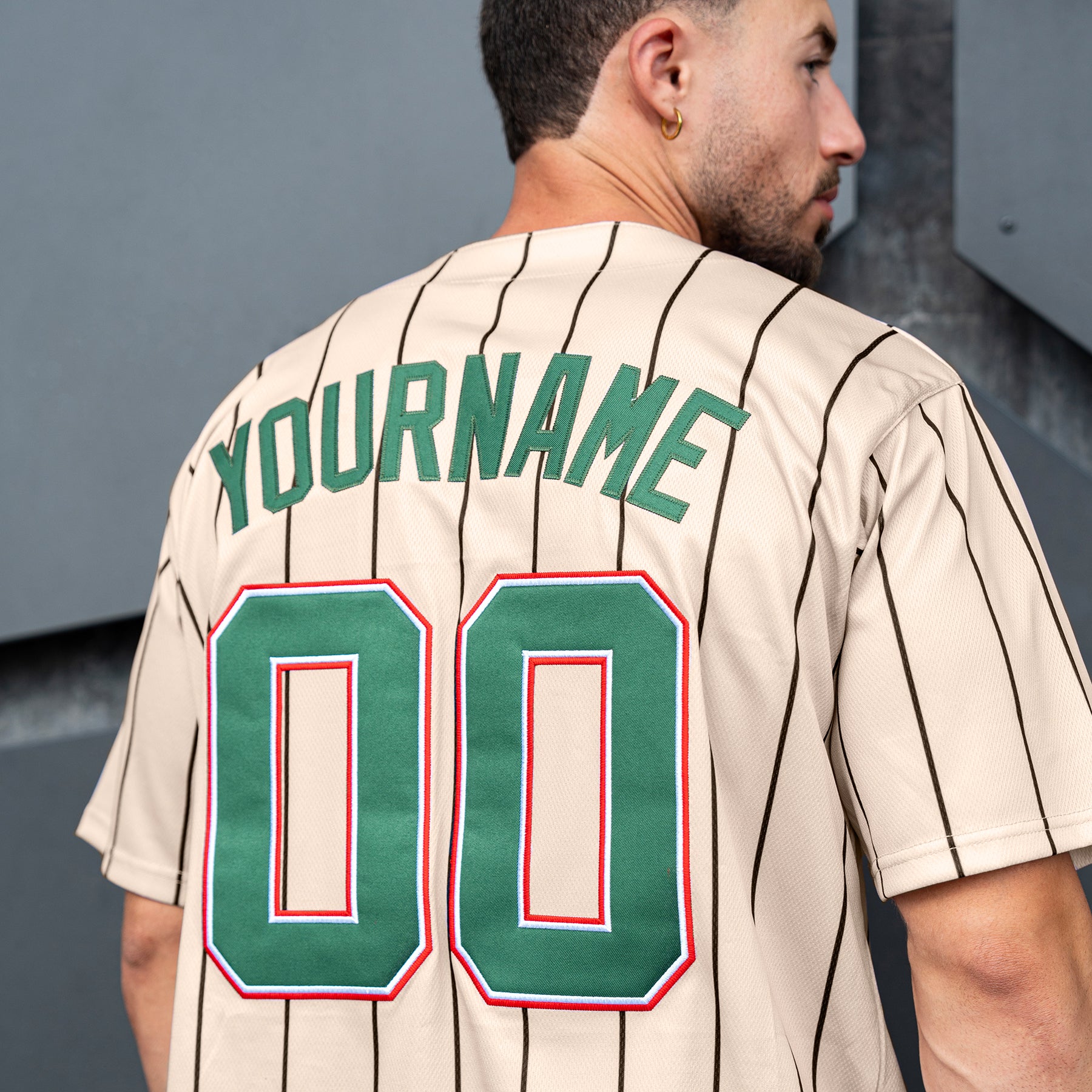 Mexico Heritage Custom Beige Baseball Jersey Model Closeup Back Customized 