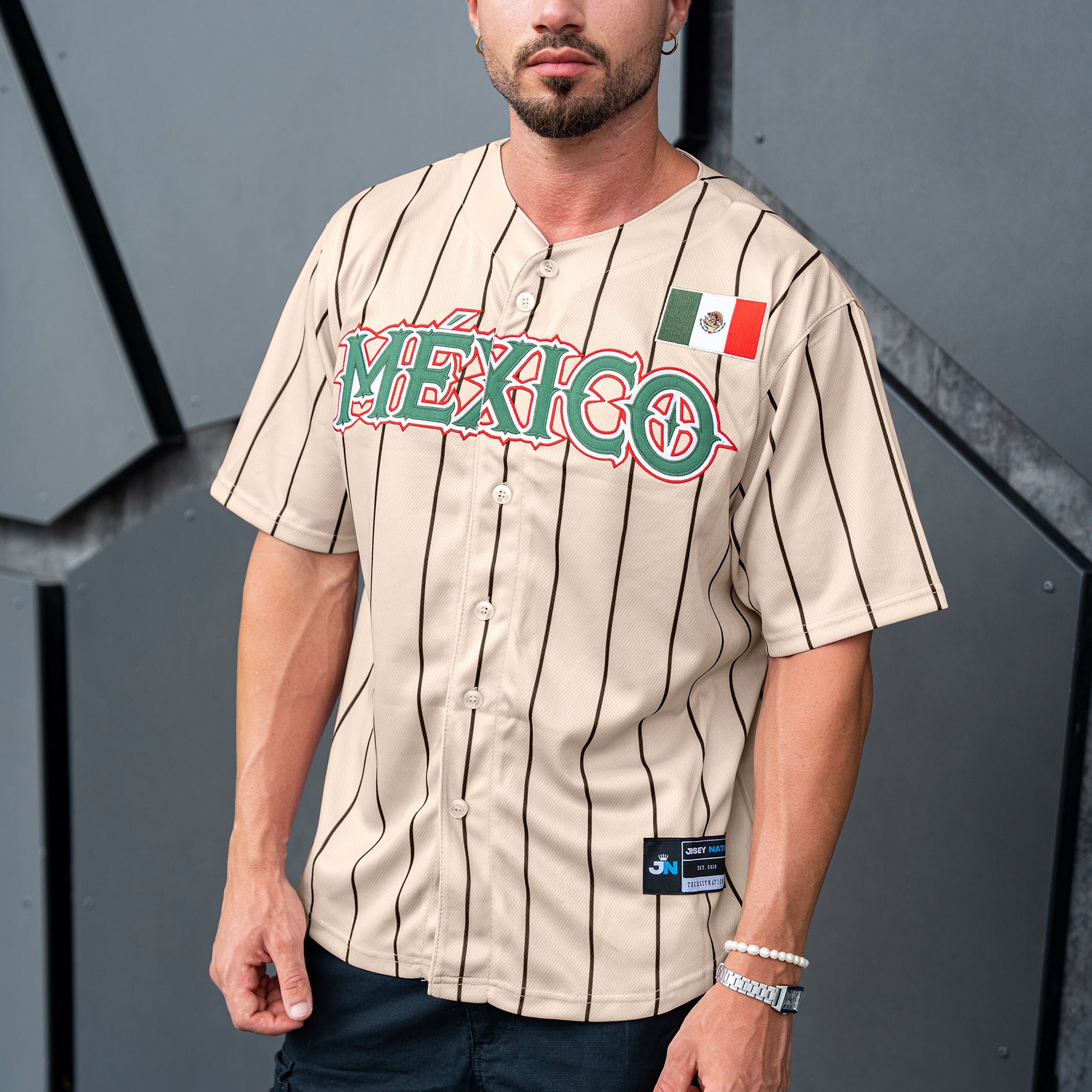 Mexico Heritage Custom Beige Baseball Jersey Model Closeup Styling
