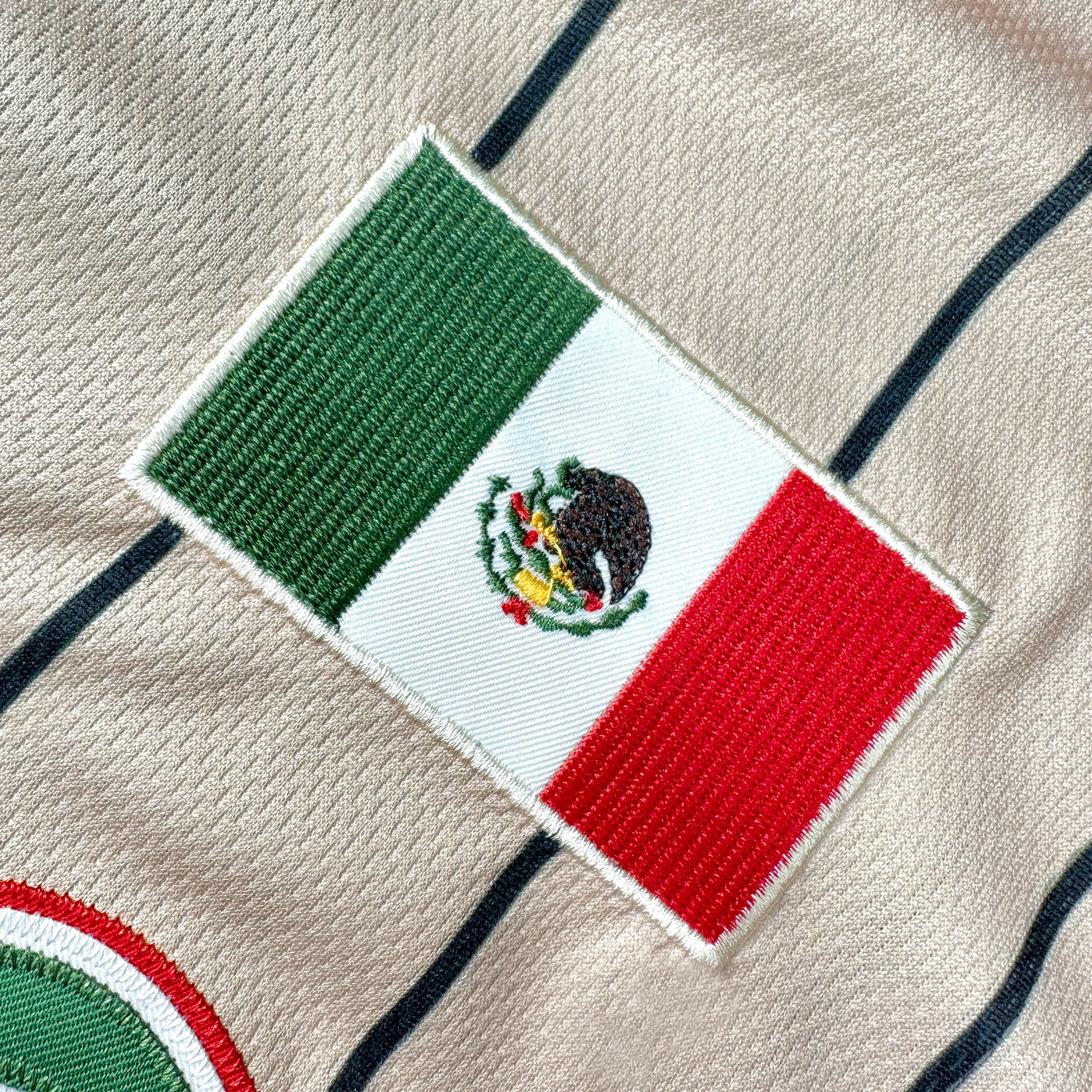 Mexico Heritage Custom Beige Baseball Jersey Stitched Flag Closeup