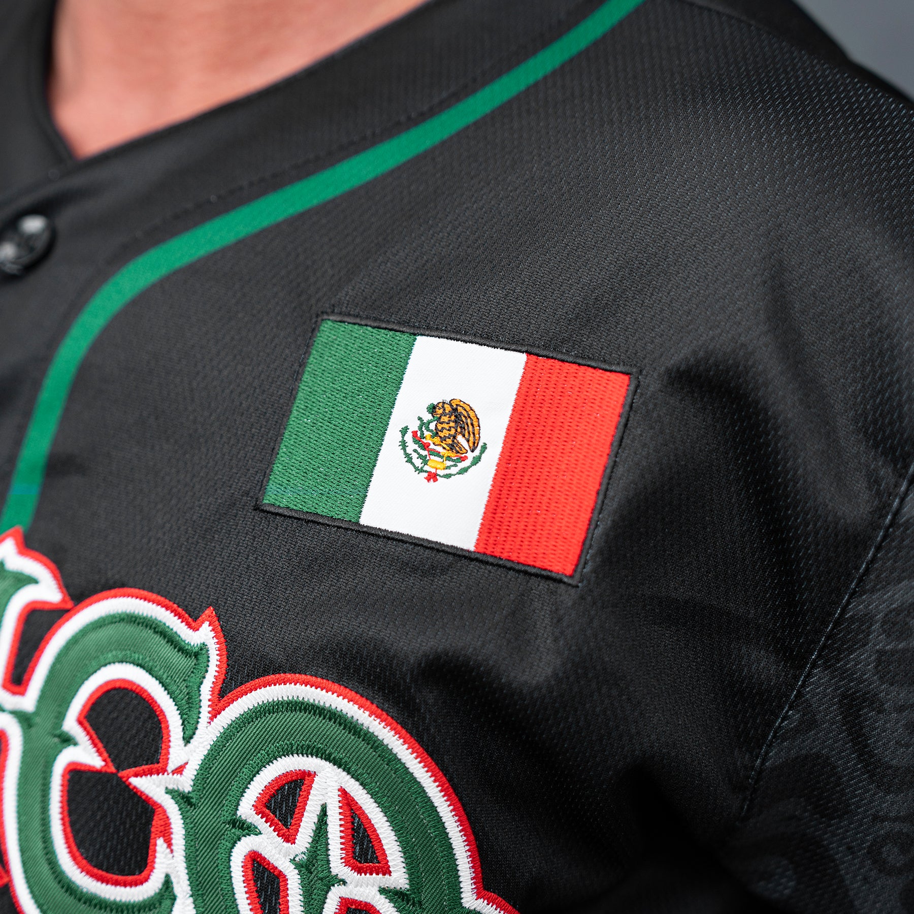 Mexico Heritage Custom Black Baseball Jersey Model Embroidered Flag