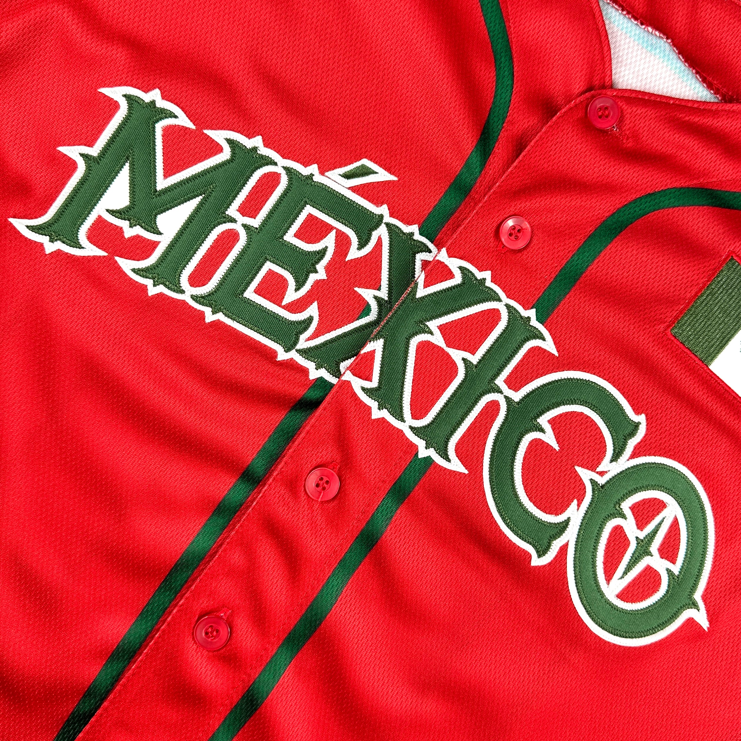 Mexico Heritage Custom Red Baseball Jersey Embroidered Closeup Front