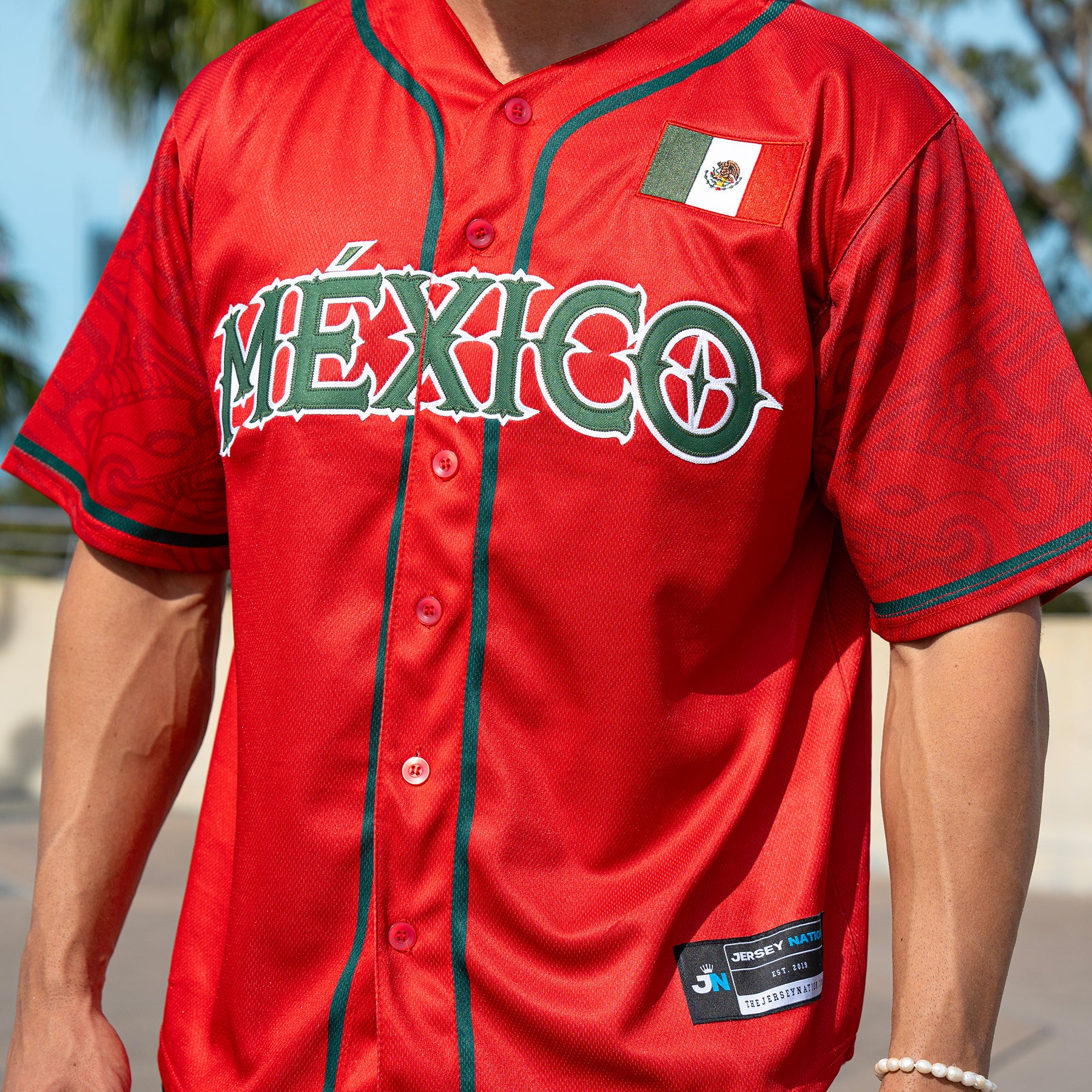 Mexico Heritage Custom Red Baseball Jersey Embroidered Model Closeup  