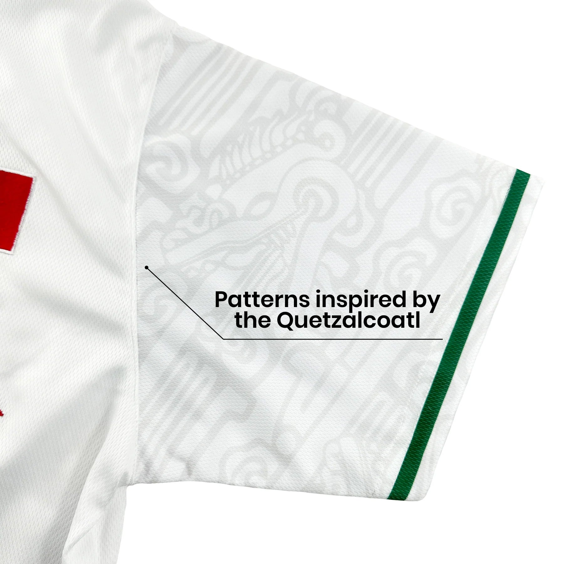 Mexico Heritage Custom White Baseball Jersey Closeup Sleeves Quetzalcoatl