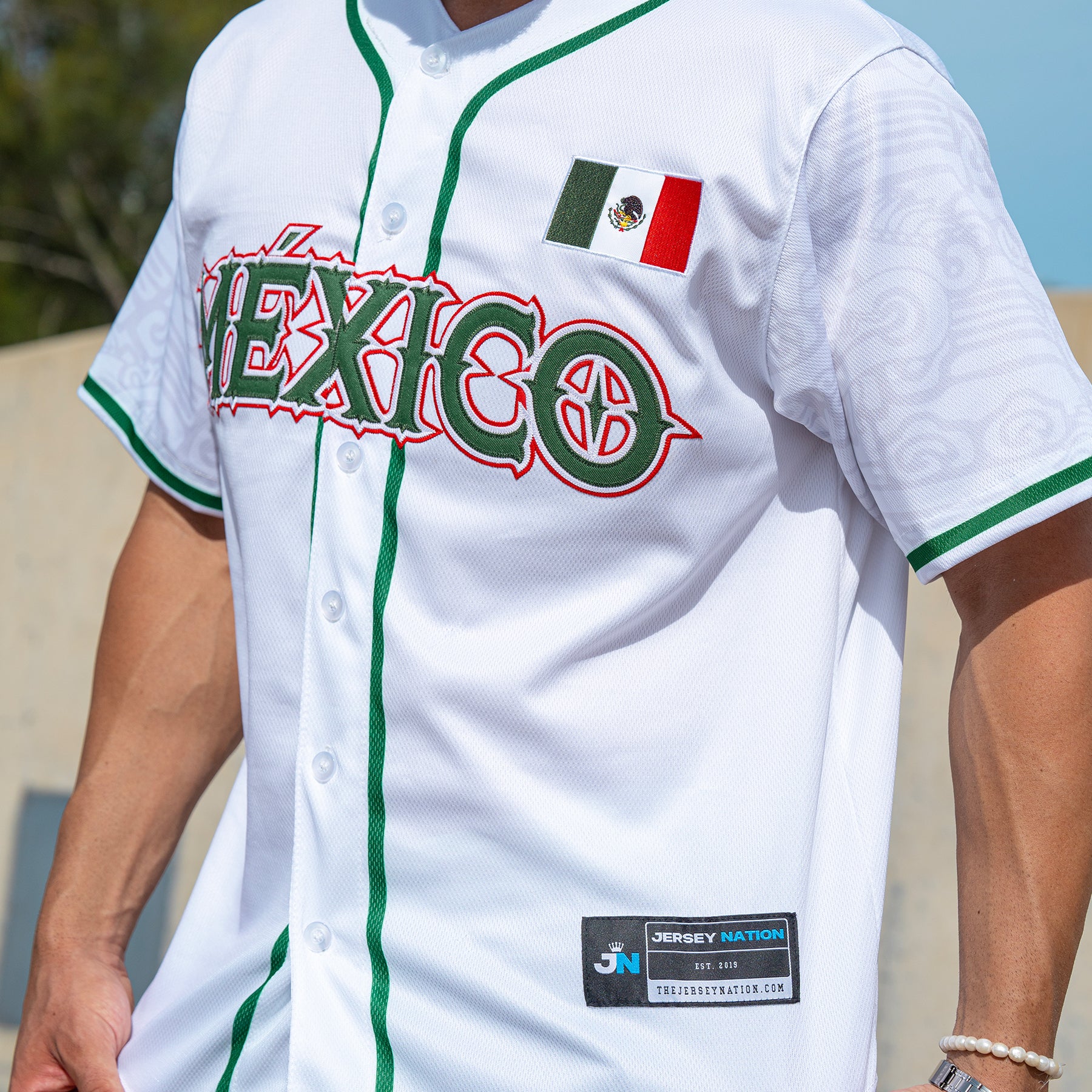Mexico Heritage Custom White Baseball Jersey Model Styling Closeup Body