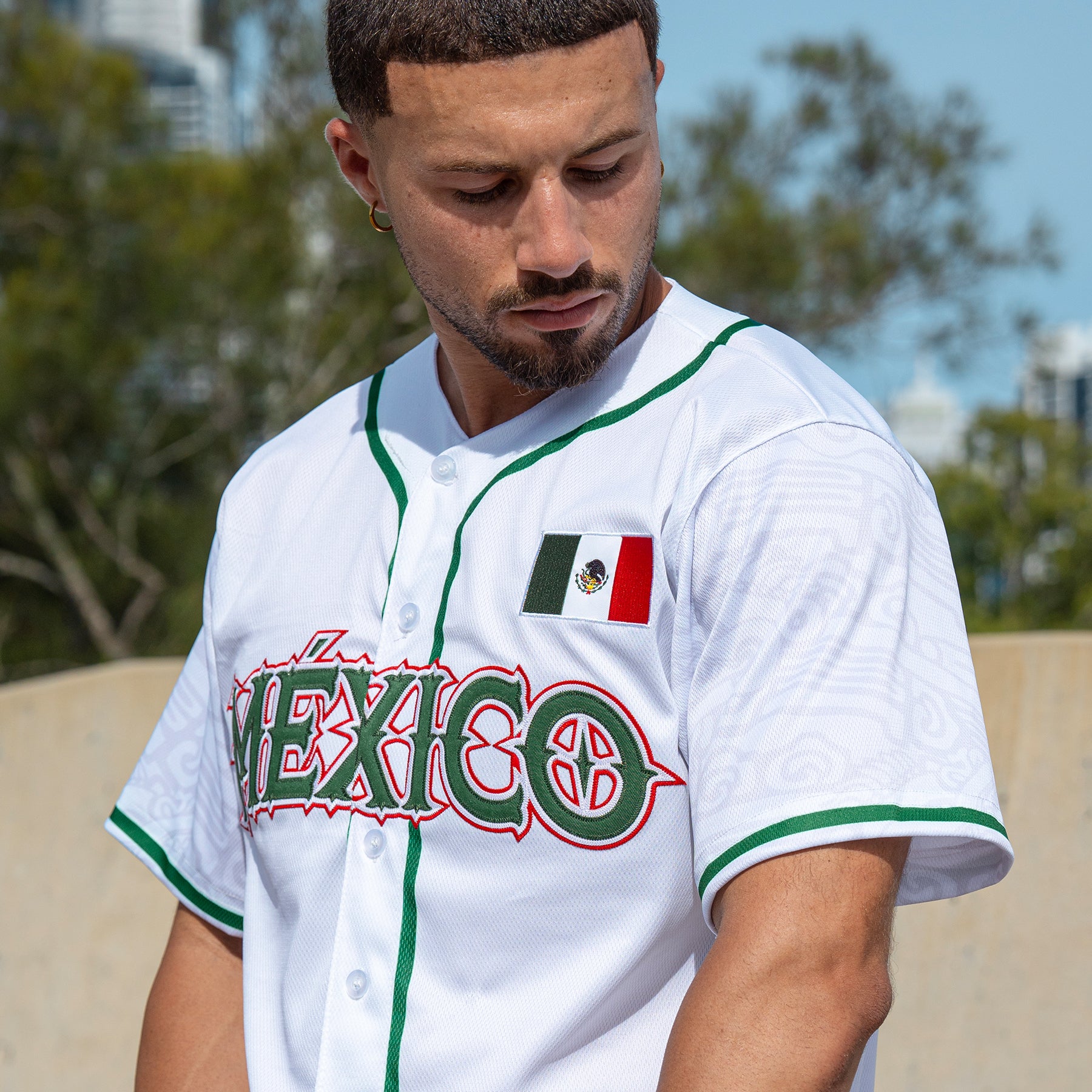 Mexico Heritage Custom White Baseball Jersey Model Styling Sleeves Closeup 