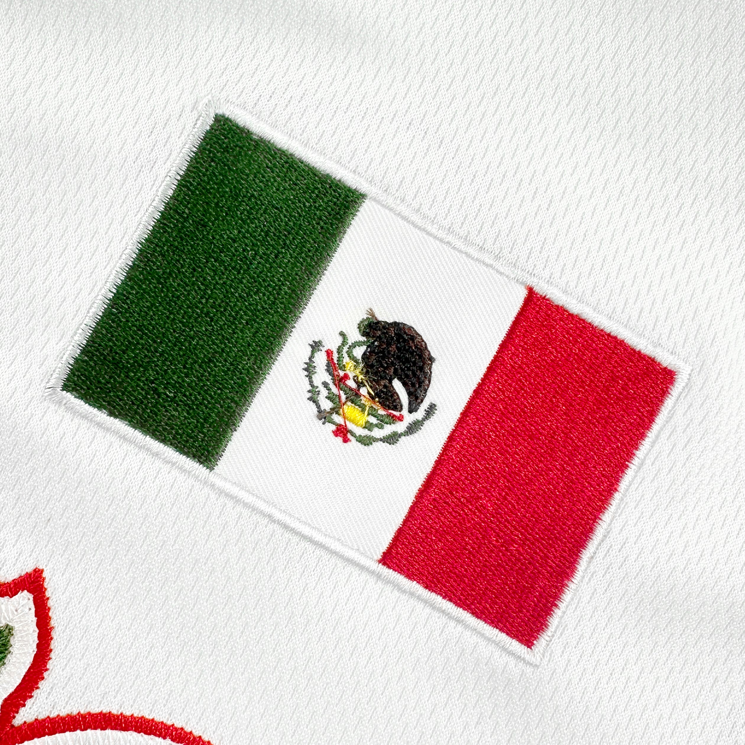 Mexico Heritage Custom White Baseball Jersey Stitched Closeup Flag