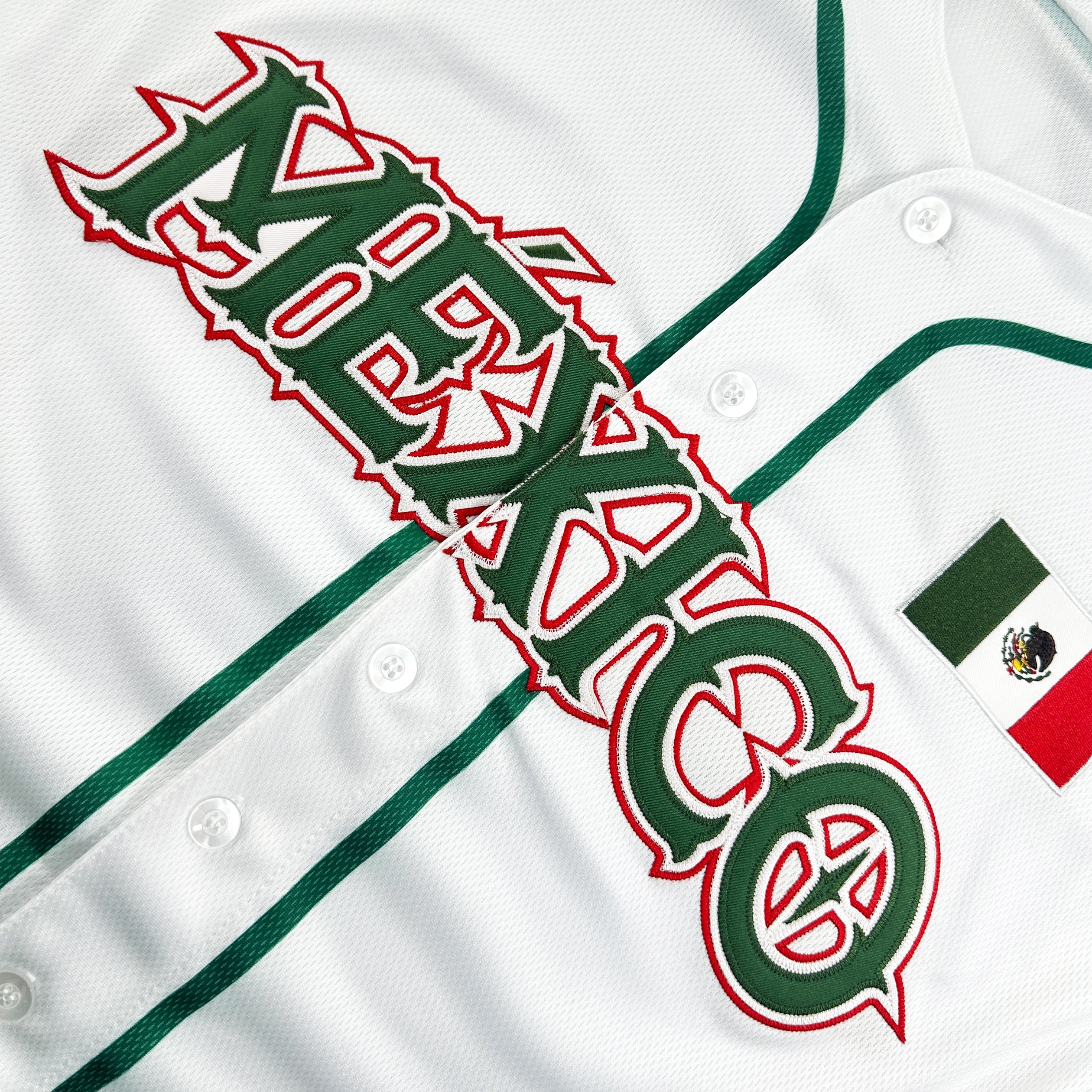 Mexico Heritage Custom White Baseball Jersey Stitched Closeups