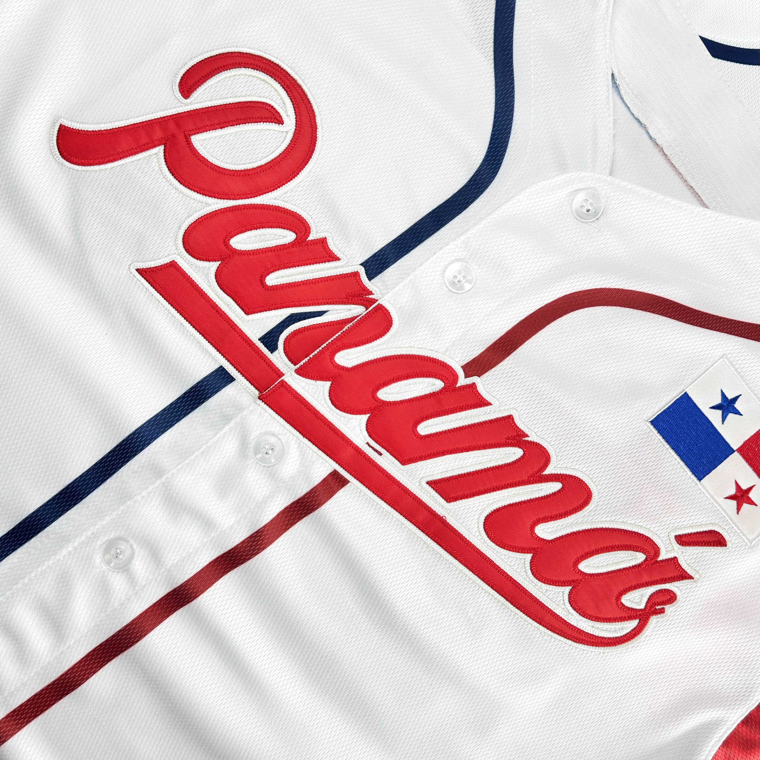 Panama Heritage Custom White Baseball Jersey Closeup Embroidery Front