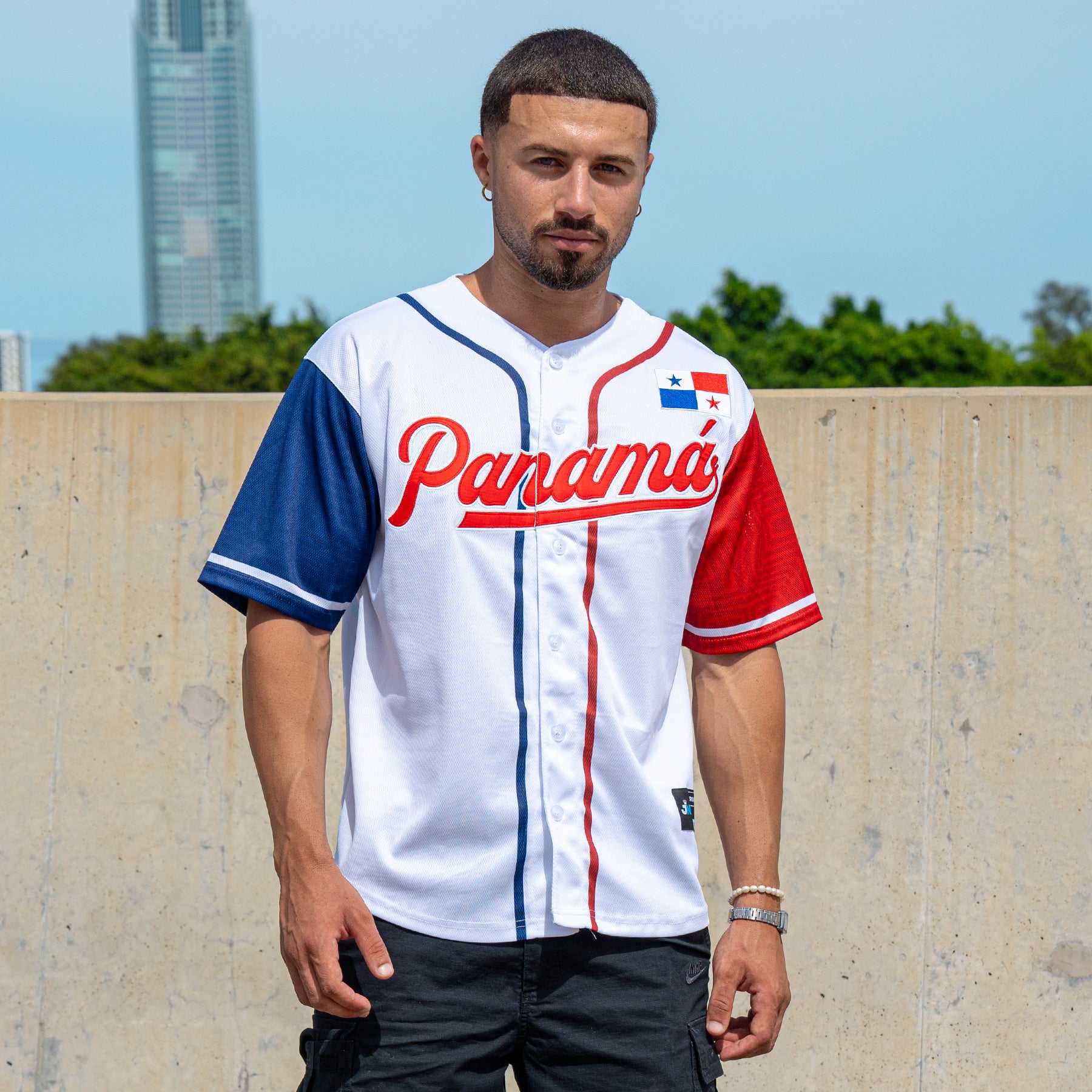 Panama Heritage Custom White Baseball Jersey Model Closeup