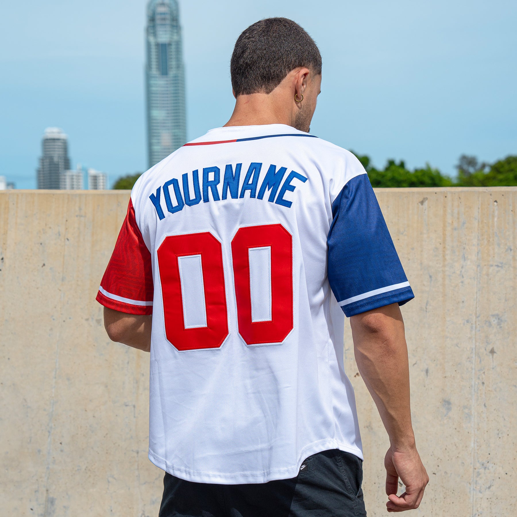Panama Heritage Custom White Baseball Jersey Model Closeup Back Customized