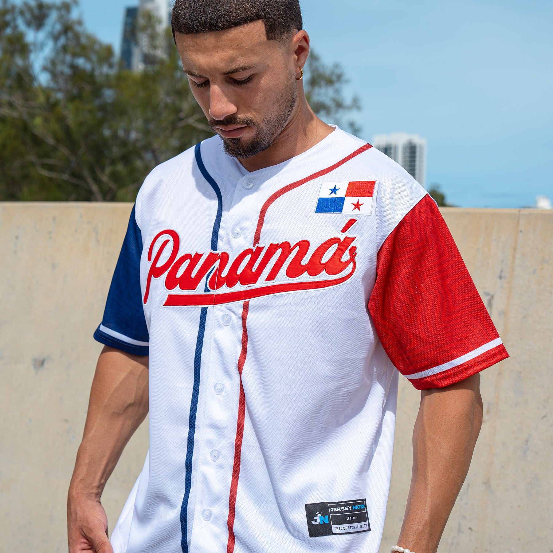 Panama Heritage Custom White Baseball Jersey Model Closeup Embroidered 