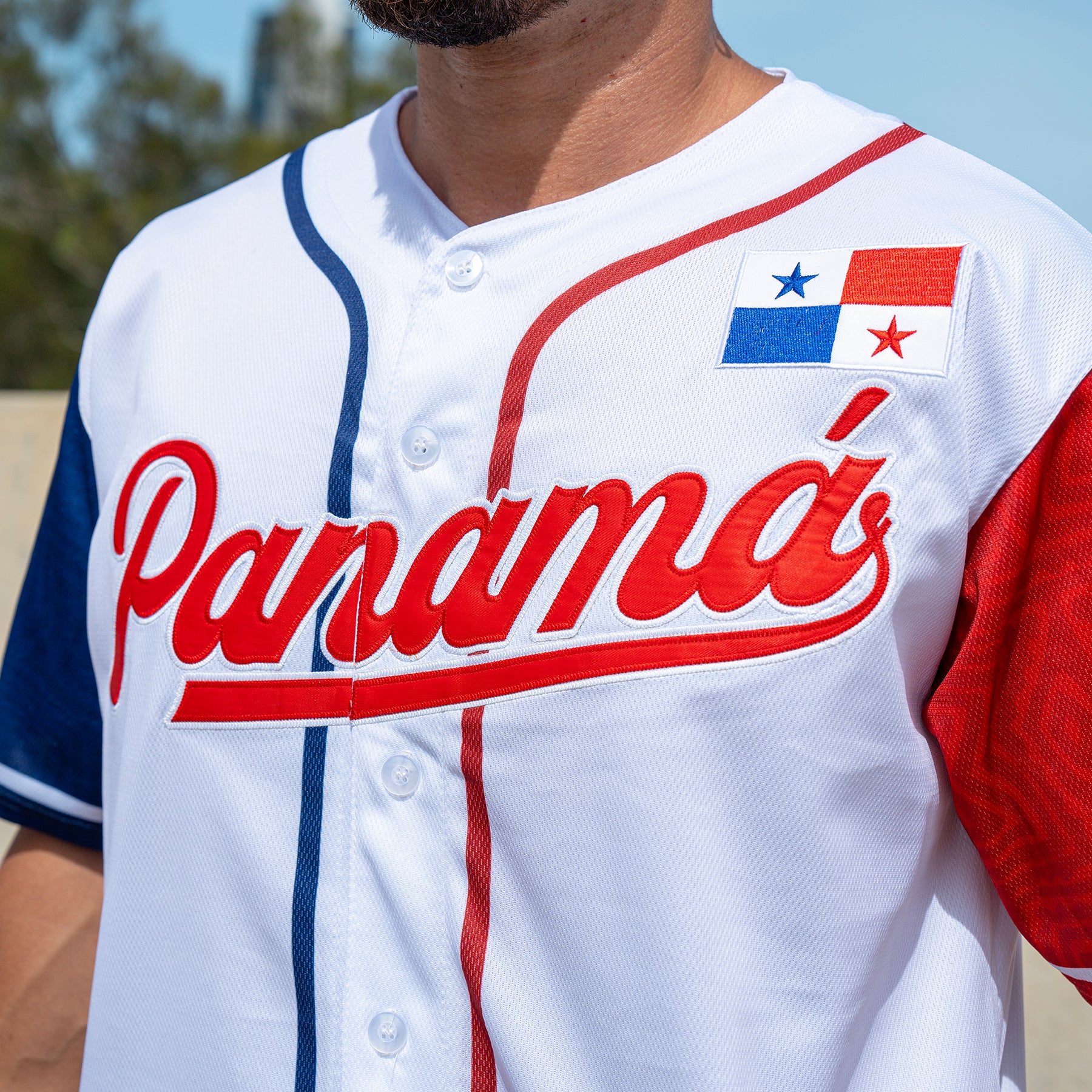 Panama Heritage Custom White Baseball Jersey Model Closeup Embroidered Front