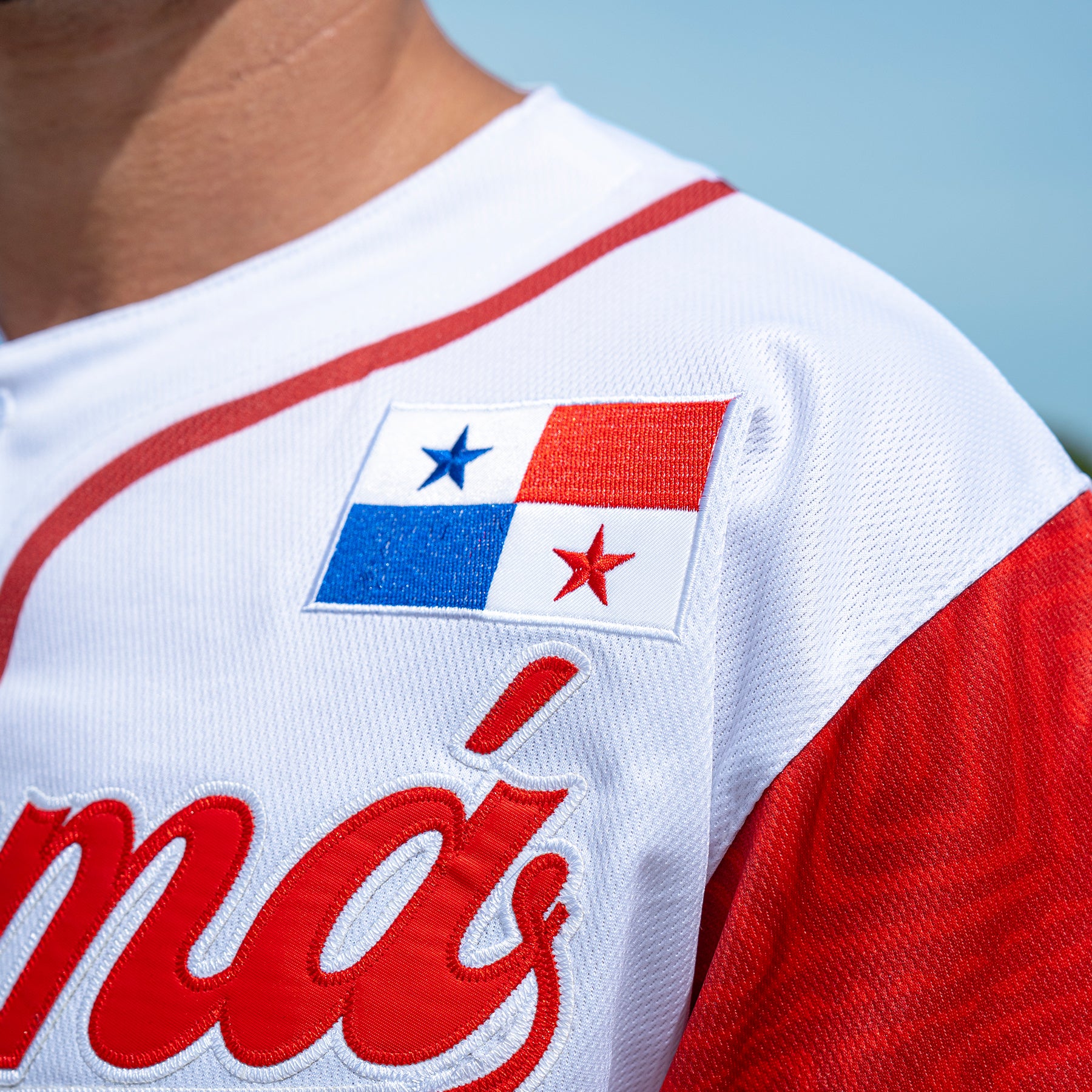 Panama Heritage Custom White Baseball Jersey Model Closeup Stitched Flag
