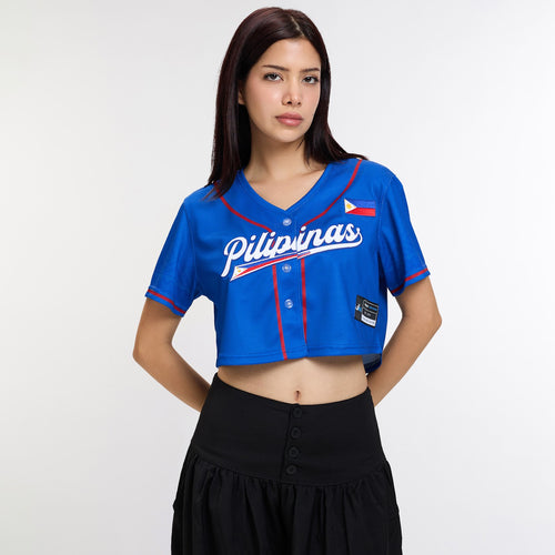 Philippines Heritage Cropped Baseball Jersey Blue - Front Model || Model is 5’7” 107 lbs wearing S