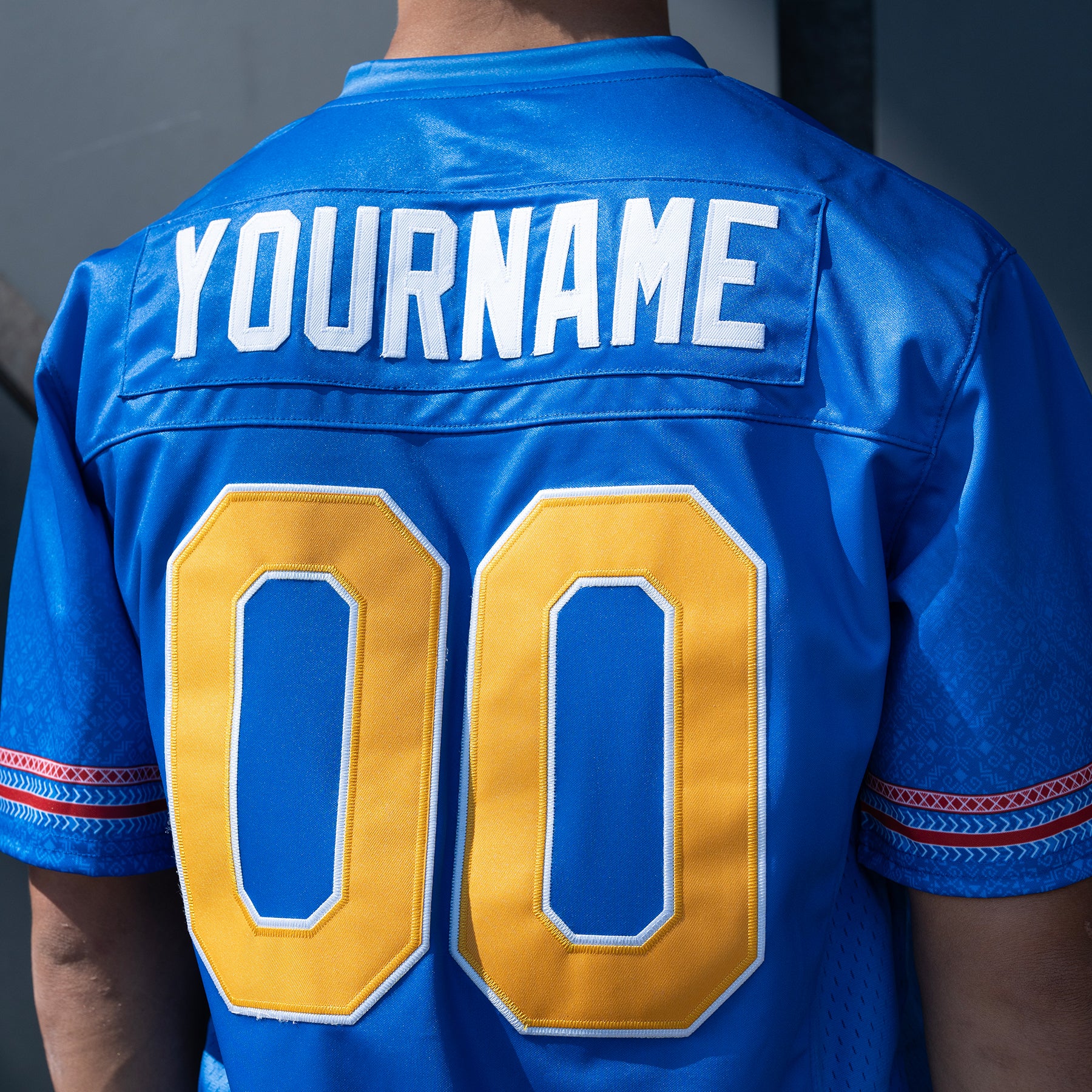 Philippines Heritage Blue Custom American Football Jersey Model Styling Closeup Back