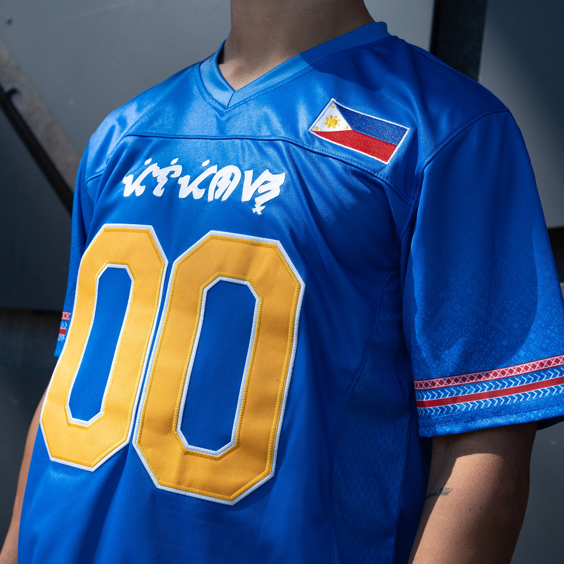 Philippines Heritage Blue Custom American Football Jersey Model Styling Closeup Front