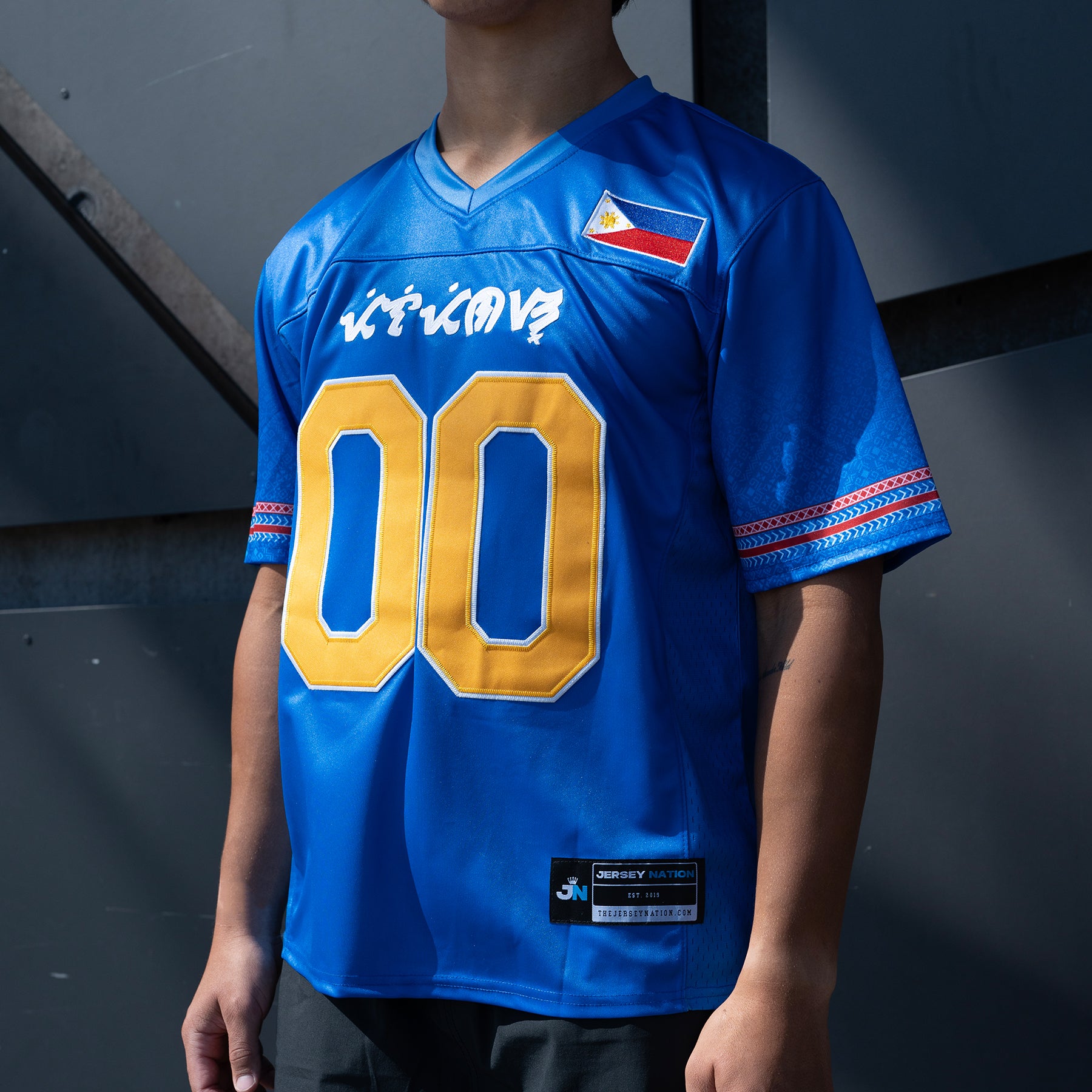 Philippines Heritage Blue Custom American Football Jersey Model Styling Closeups