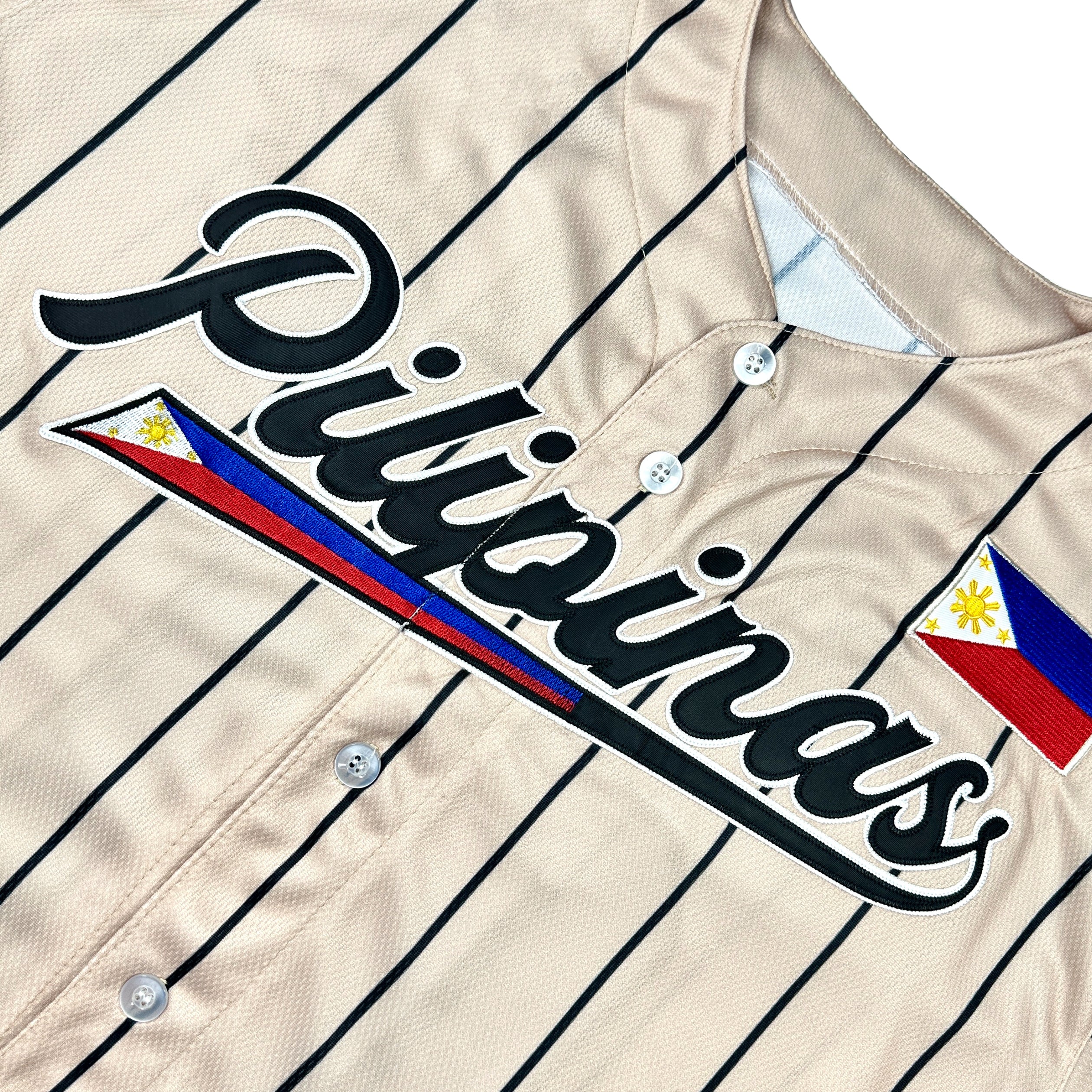 Philippines Heritage Custom Beige Baseball Jersey Embroidered Closeup