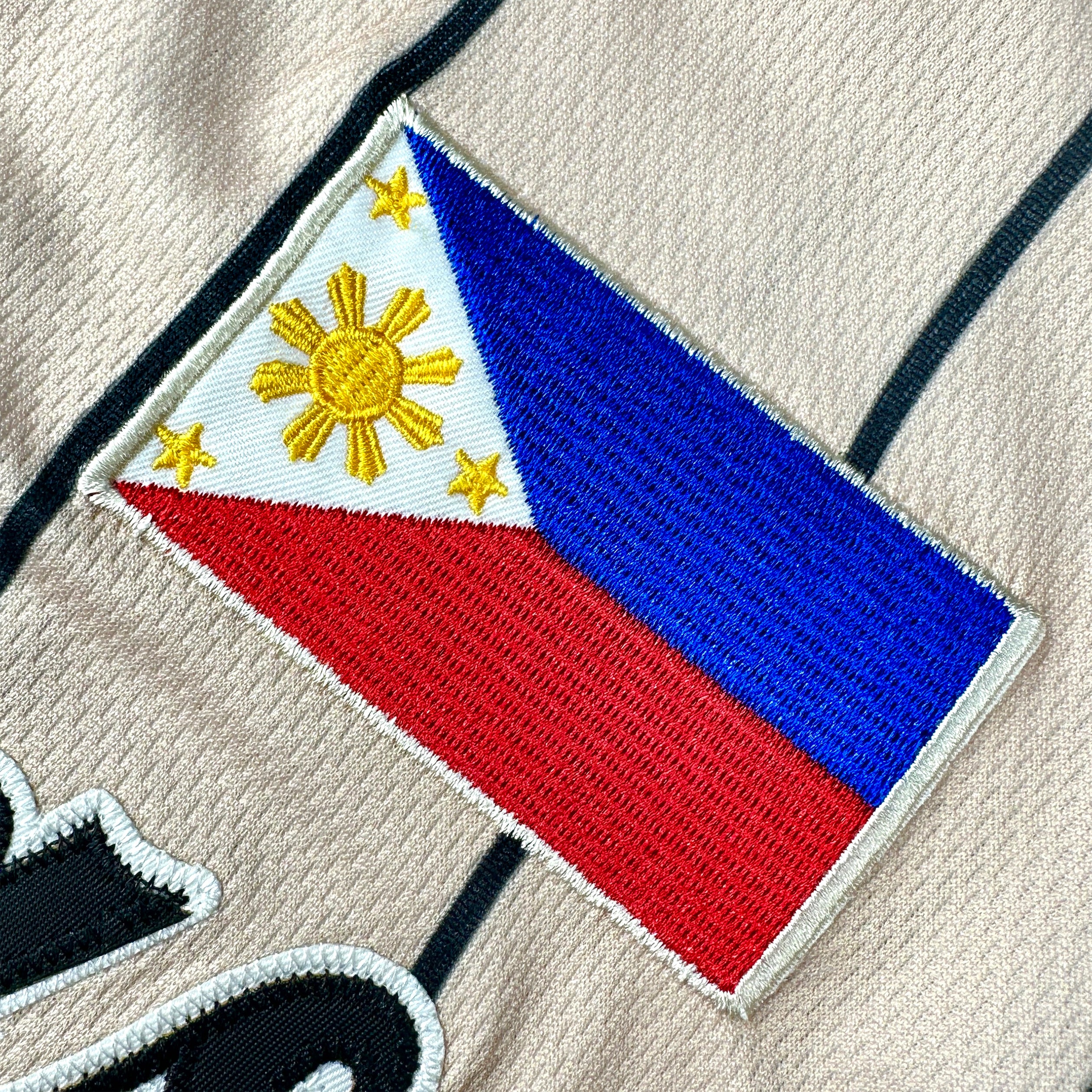 Philippines Heritage Custom Beige Baseball Jersey Stitched Flag Closeup