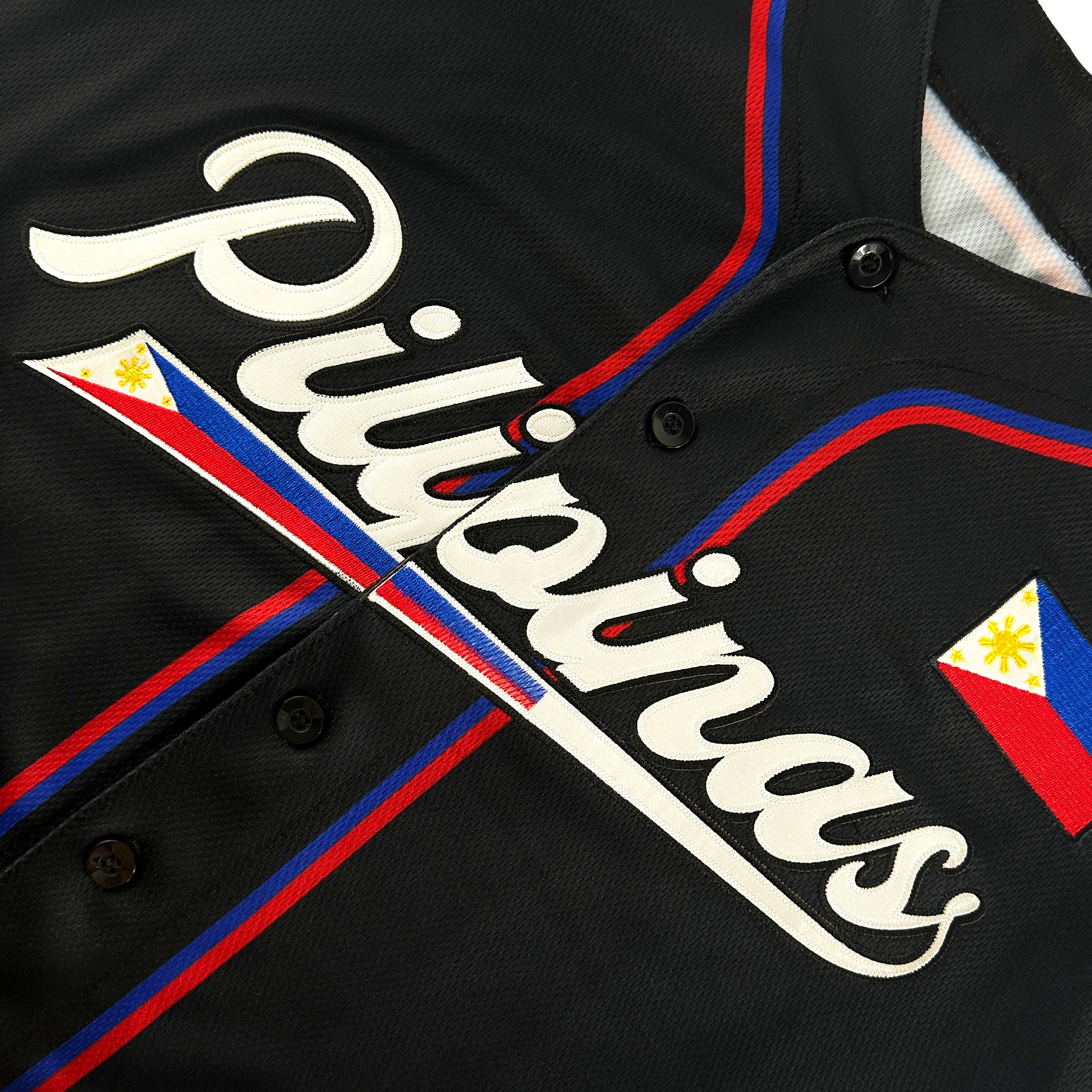 Philippines Heritage Custom Black Baseball Jersey Embroidered Closeup Front