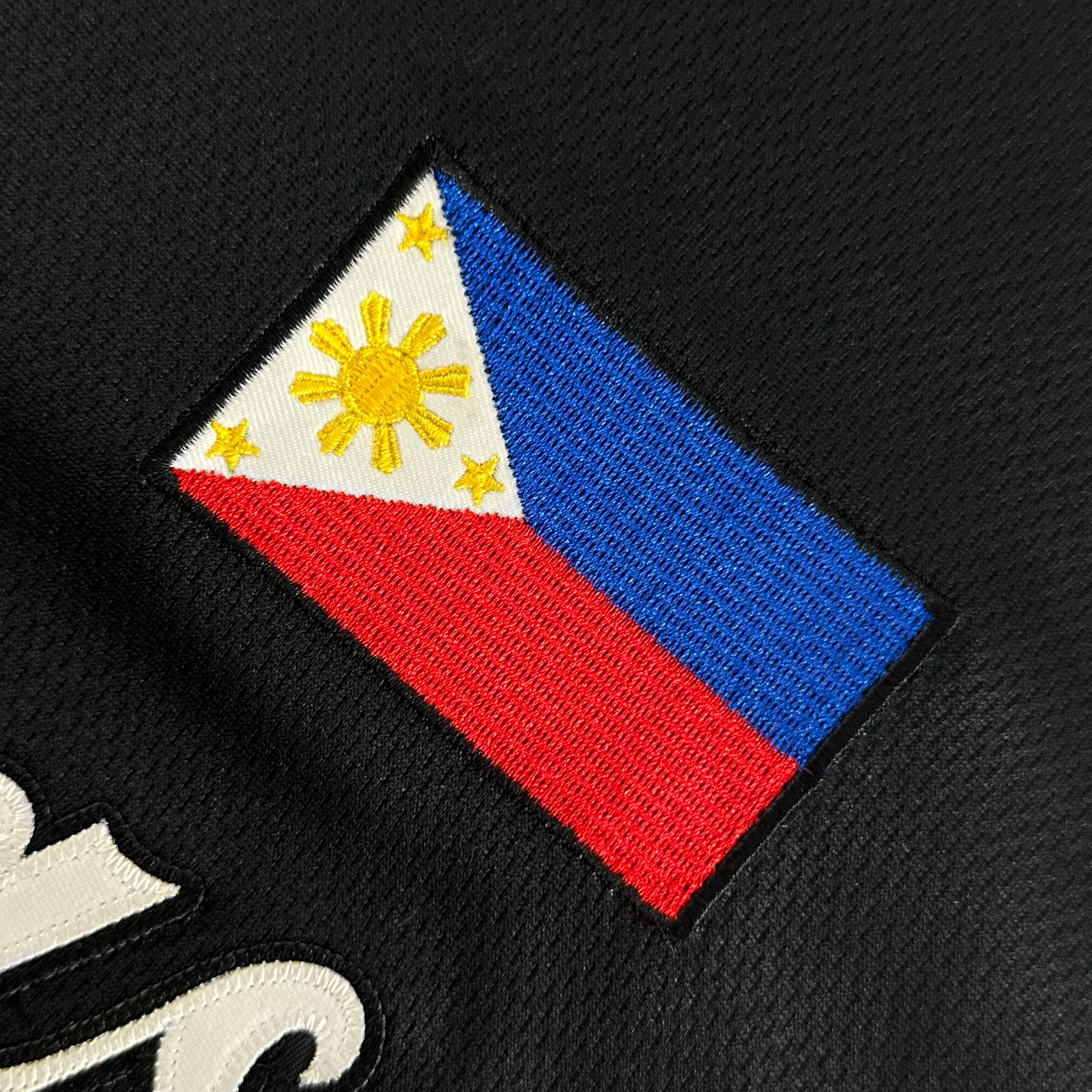 Philippines Heritage Custom Black Baseball Jersey Embroidered Flag Closeup