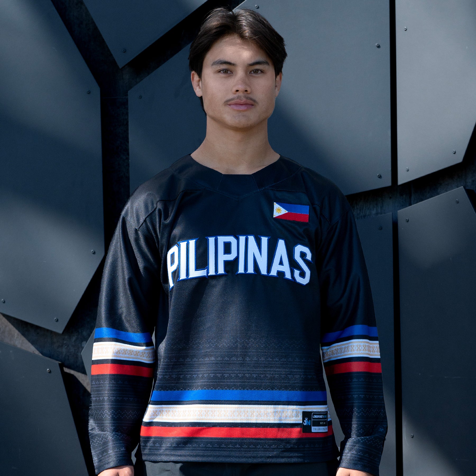 Philippines Heritage Custom Black Hockey Jersey Model Closeup Embroidered 