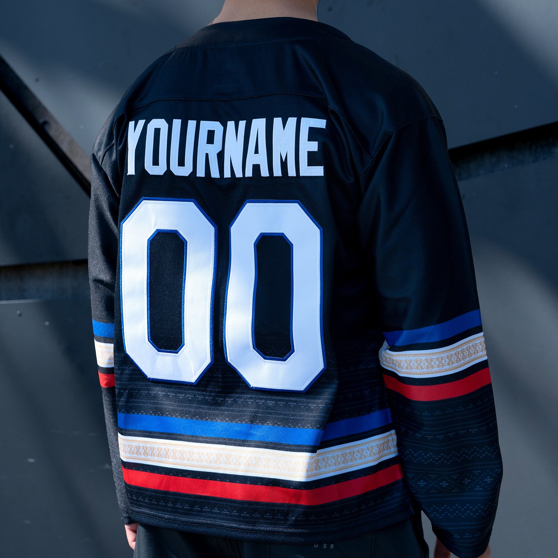 Philippines Heritage Custom Black Hockey Jersey Model Closeup Embroidered Back Side 