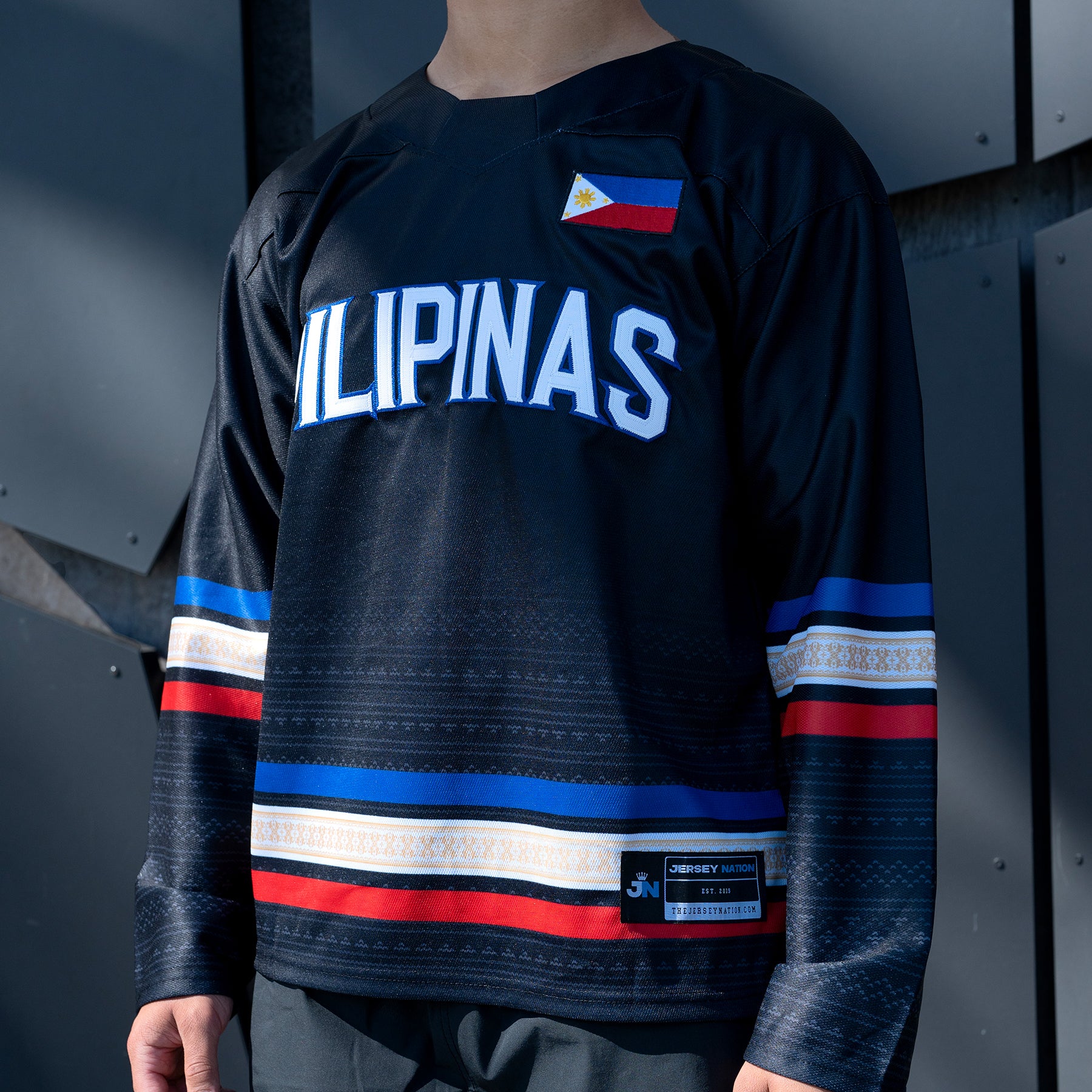 Philippines Heritage Custom Black Hockey Jersey Model Closeup Embroidered Front