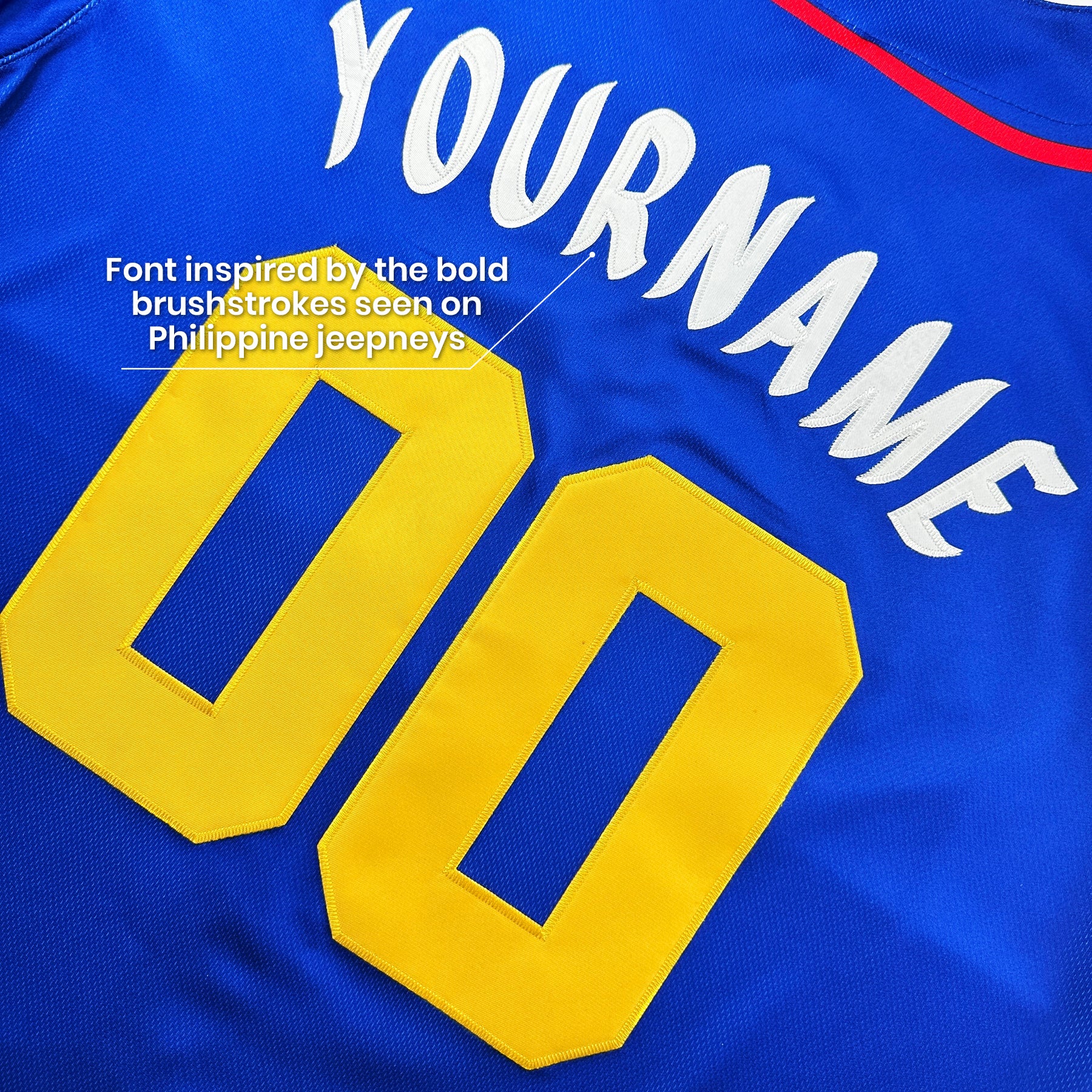 Philippines Heritage Custom Blue Baseball Jersey Embroidered Back Customized Closeup