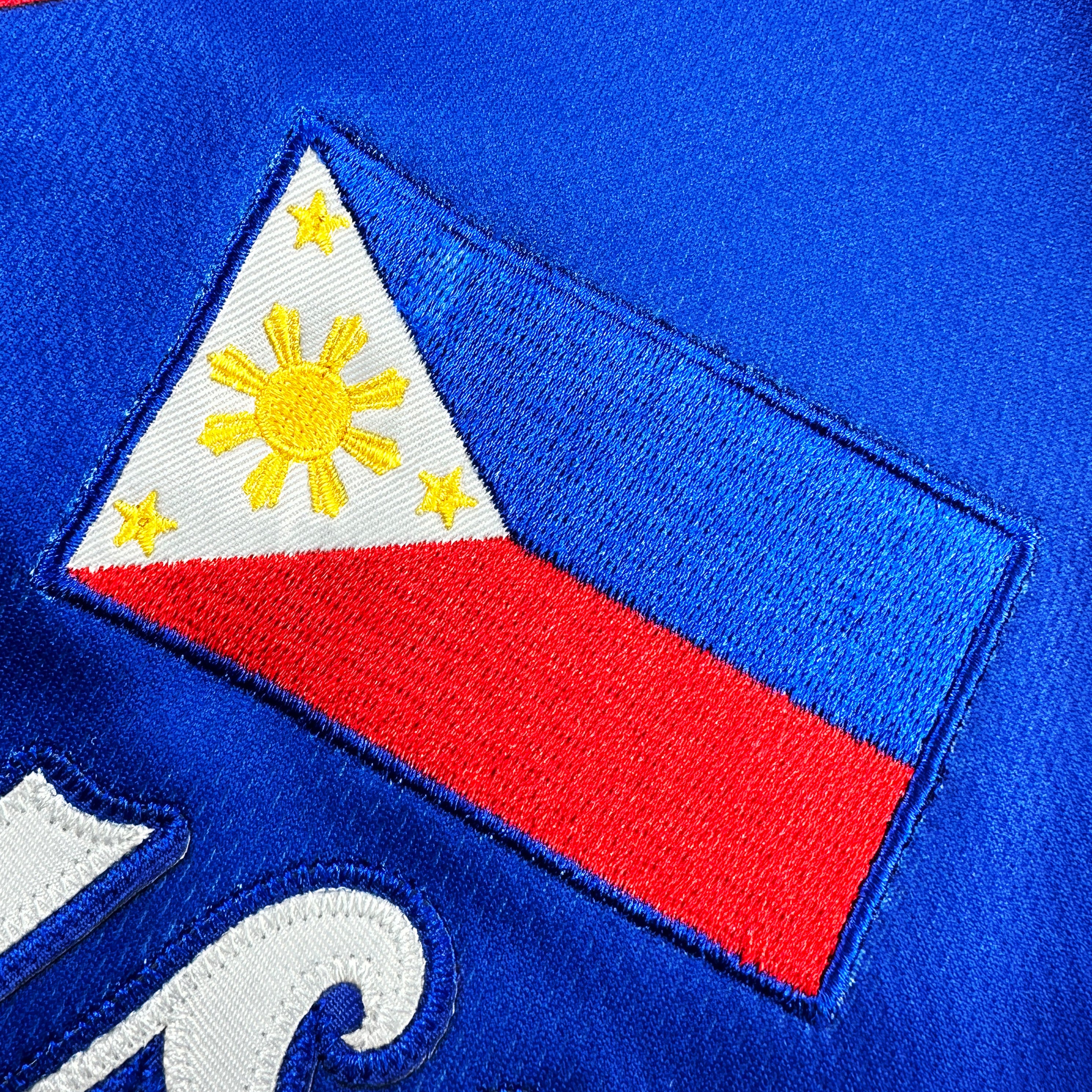 Philippines Heritage Custom Blue Baseball Jersey Embroidered Flag Closeup