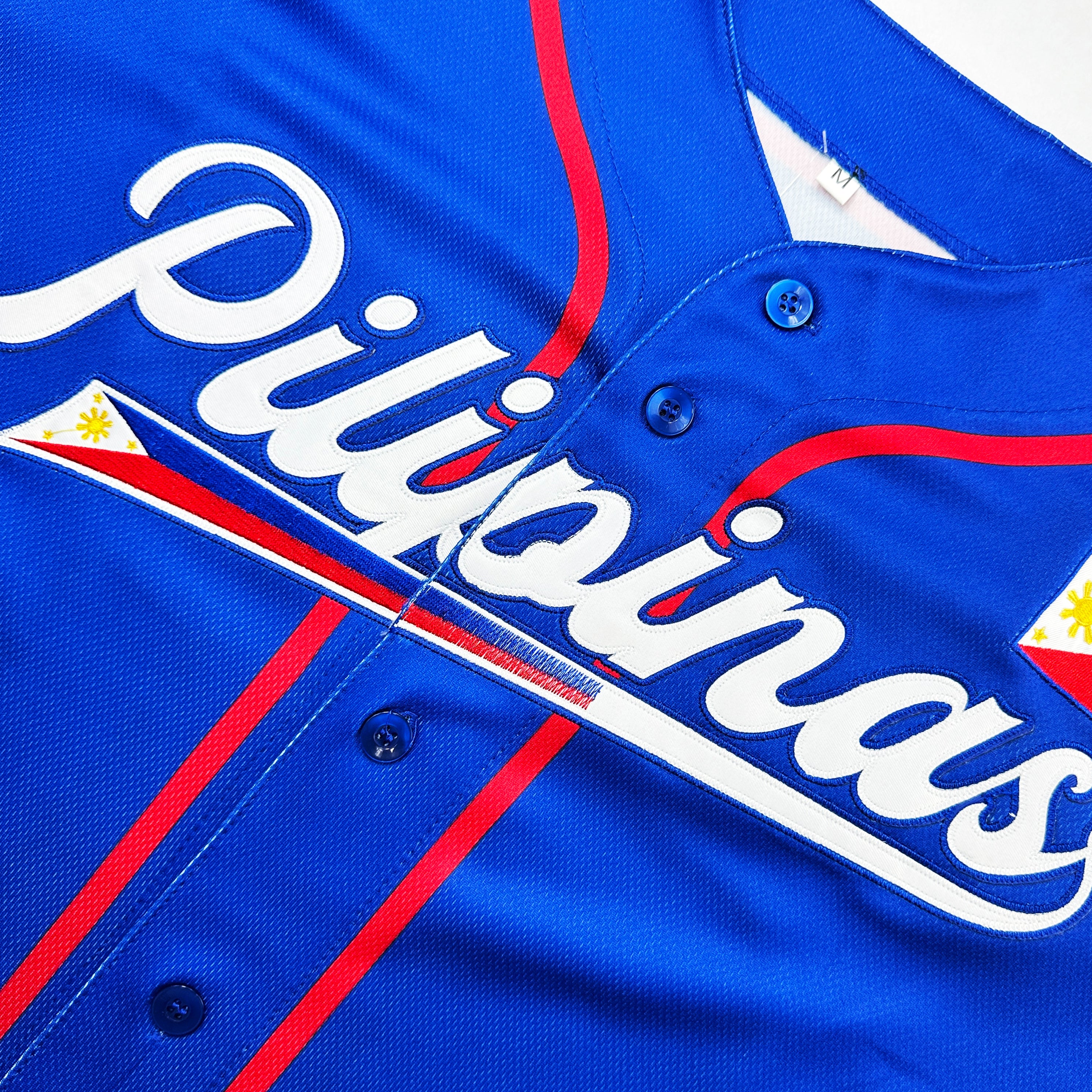 Philippines Heritage Custom Blue Baseball Jersey Embroidered Front Closeup
