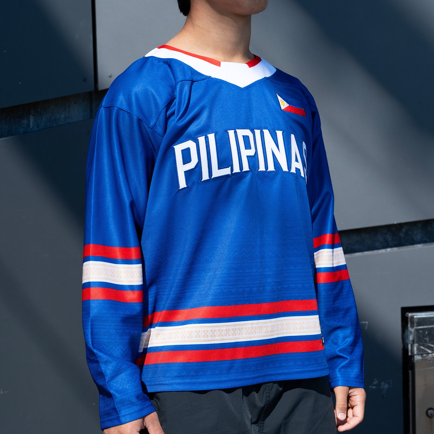 Philippines Heritage Custom Blue Hockey Jersey Model Closeup Embroidered 