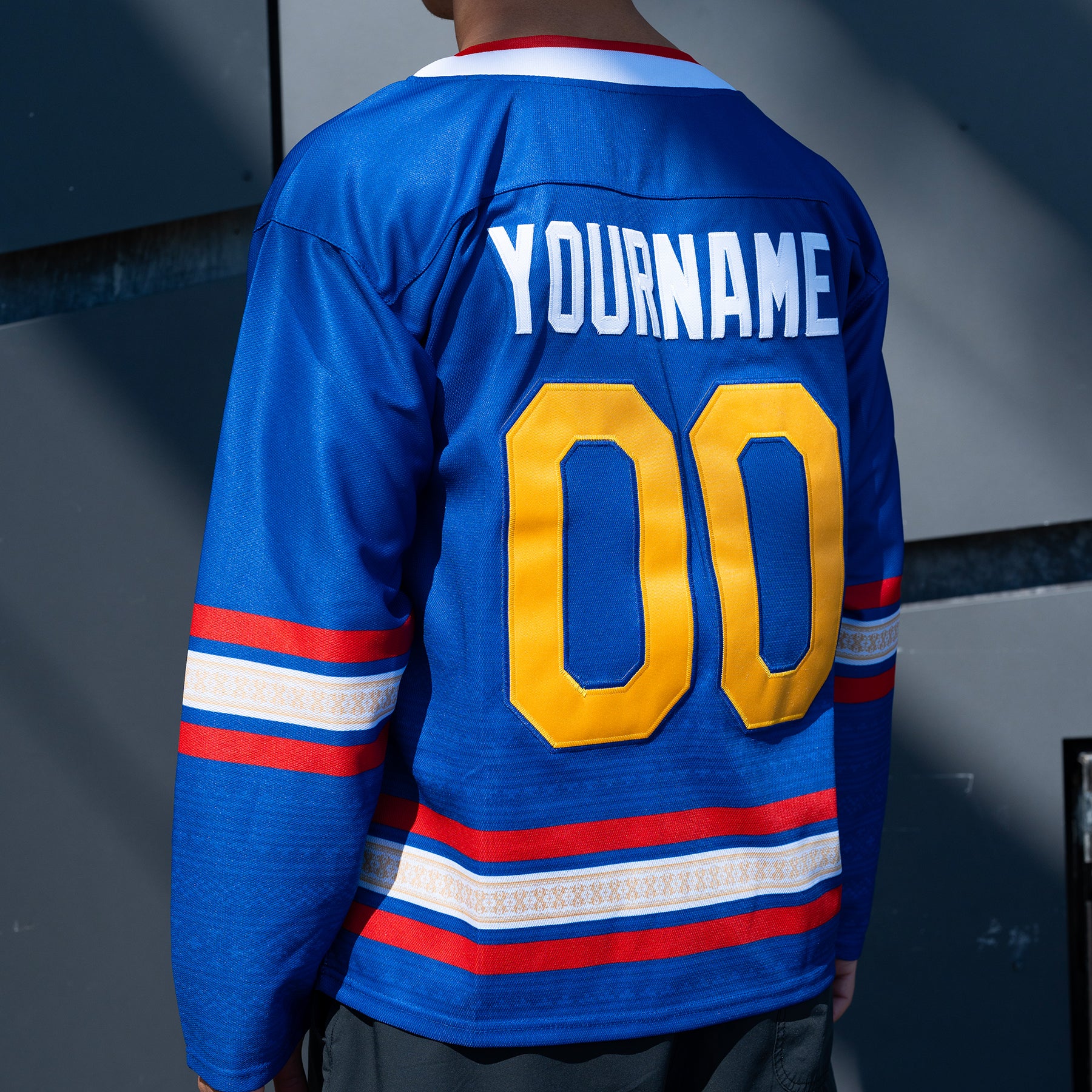 Philippines Heritage Custom Blue Ice Hockey Jersey Model Closeup Embroidered Back Customized