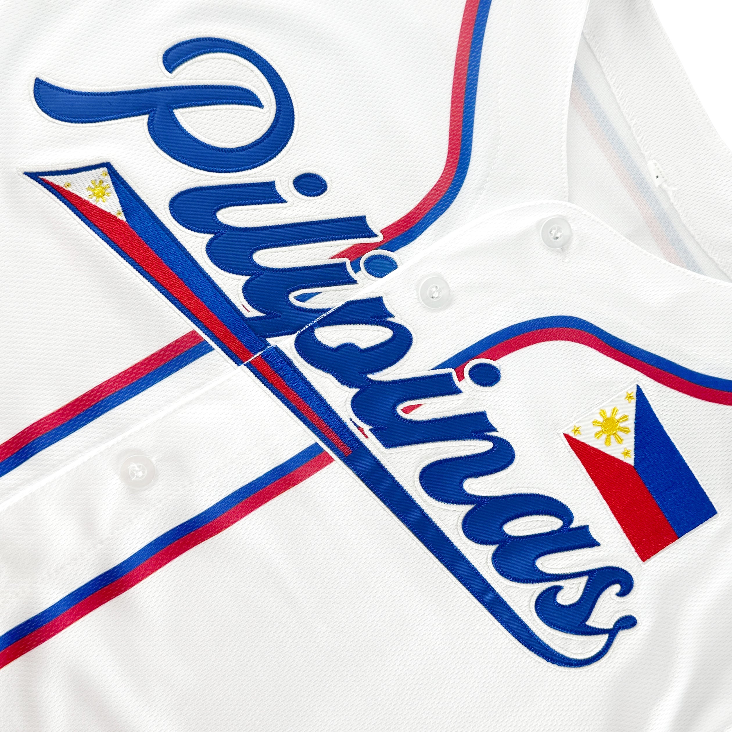 Philippines Heritage Custom White Baseball Jersey Embroidered Closeup Front