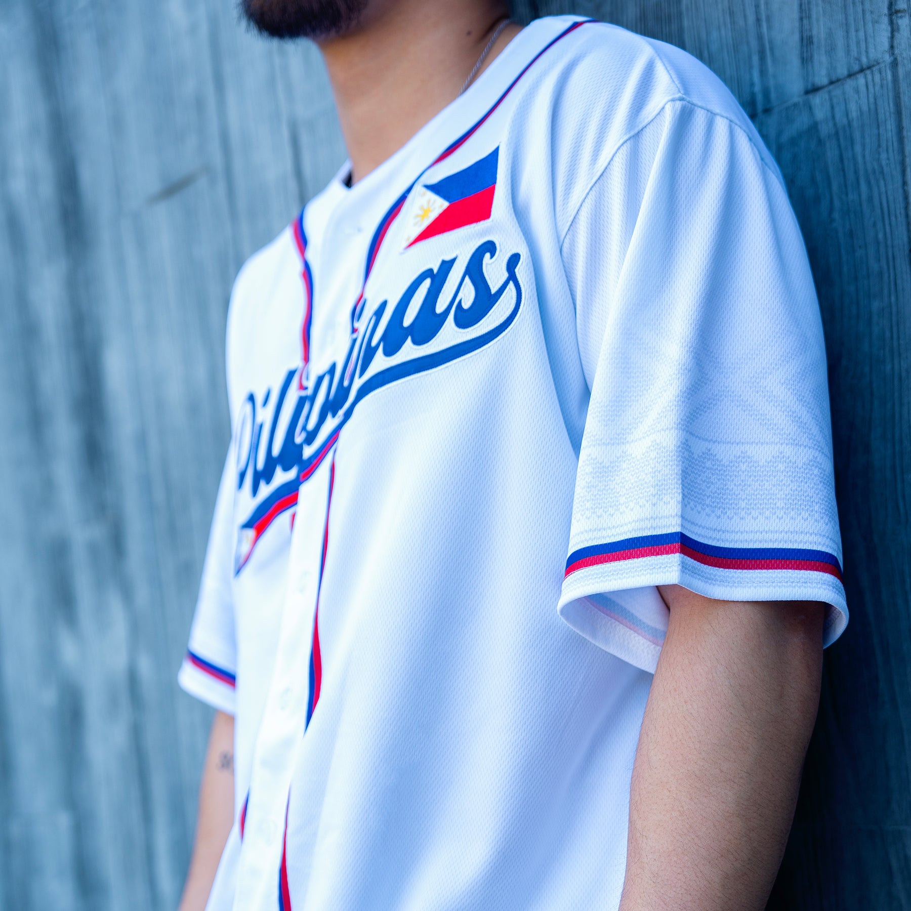 Philippines Heritage Custom White Baseball Jersey Model Styling Sleeves Closeup