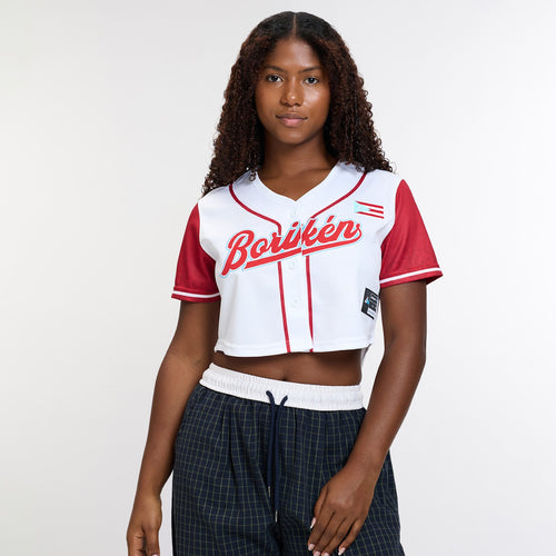 Puerto Rico Heritage Cropped Baseball Jersey White Azul Celeste - Front Model || Model is 5’8” 143 lbs wearing S