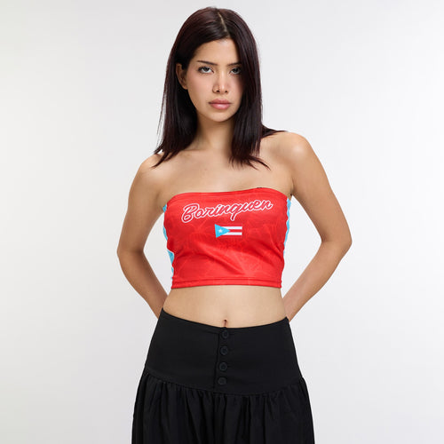 Puerto Rico Heritage Women's Tube Top - Front Model || Model is 5’7” 107 lbs wearing S