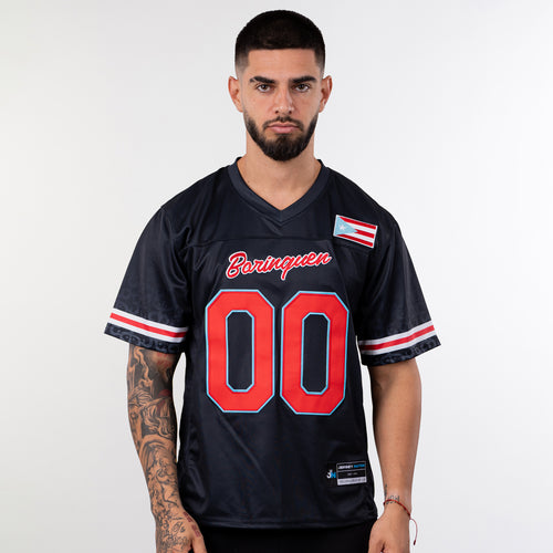 Puerto Rico Borinquen Heritage Custom American Football Black Azul Celeste Jersey Model Front