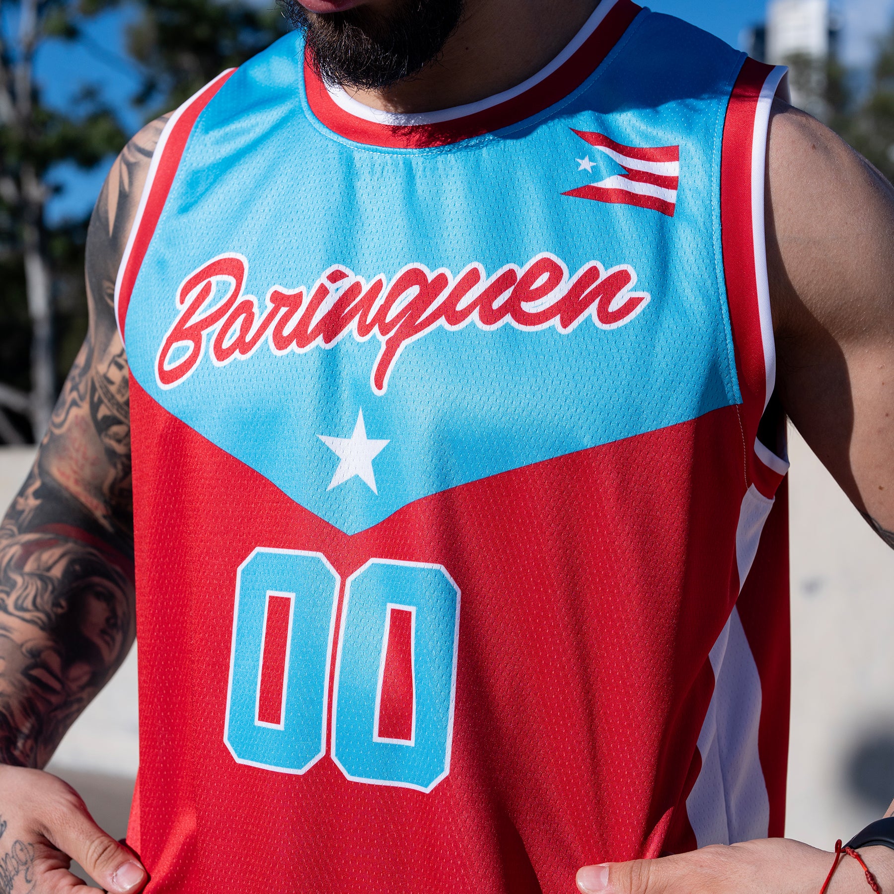 Puerto Rico Borinquen Heritage Custom Basketball Jersey Azul Celeste Closeup