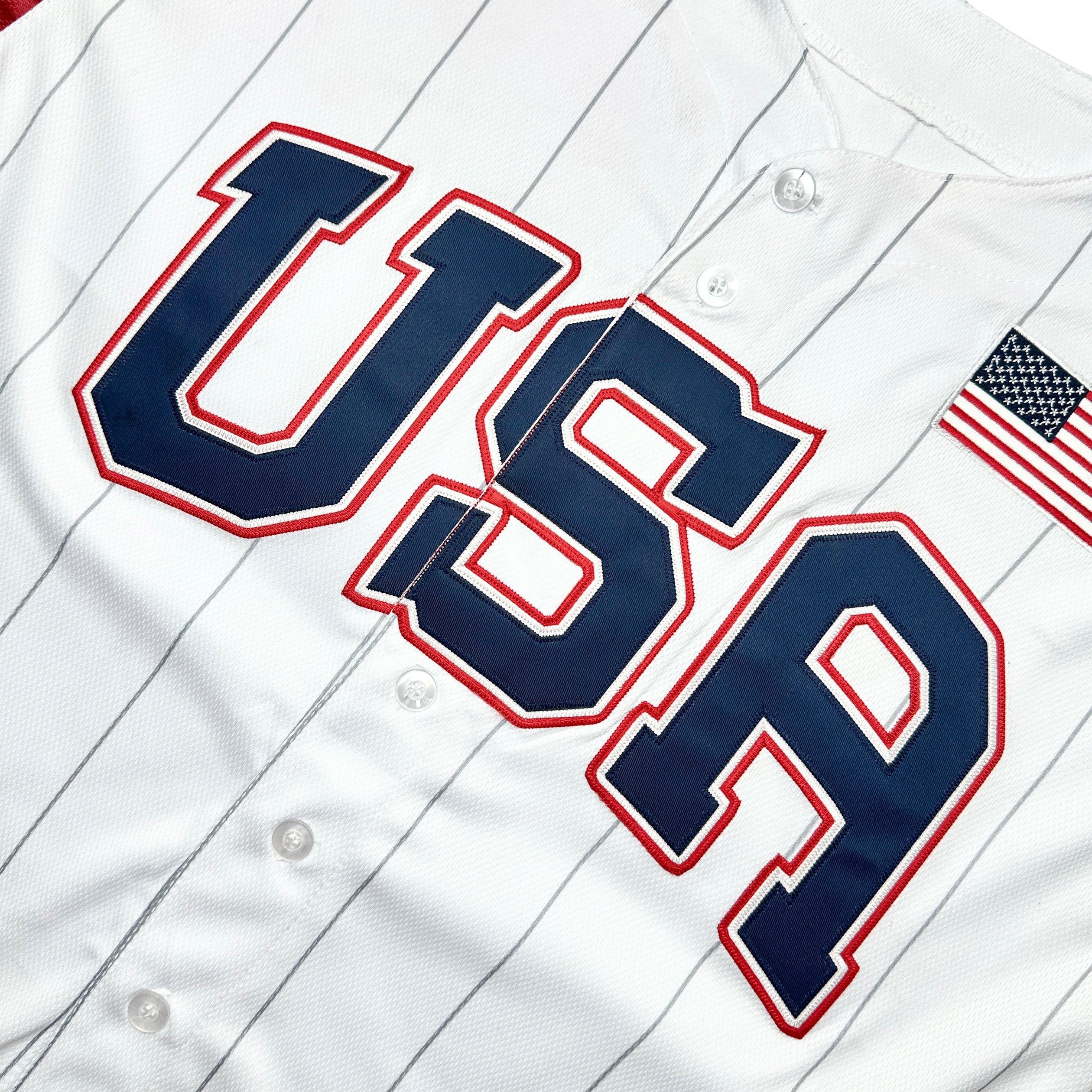 USA Heritage Custom Baseball Jersey White Pinstripes Closeup