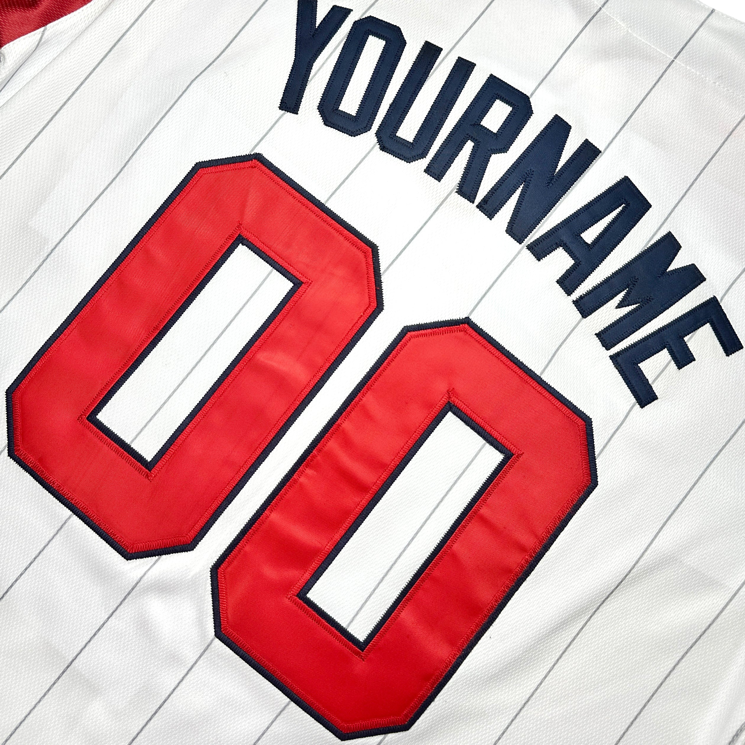 USA Heritage Custom Baseball Jersey White Pinstripes Closeup Back Customizable