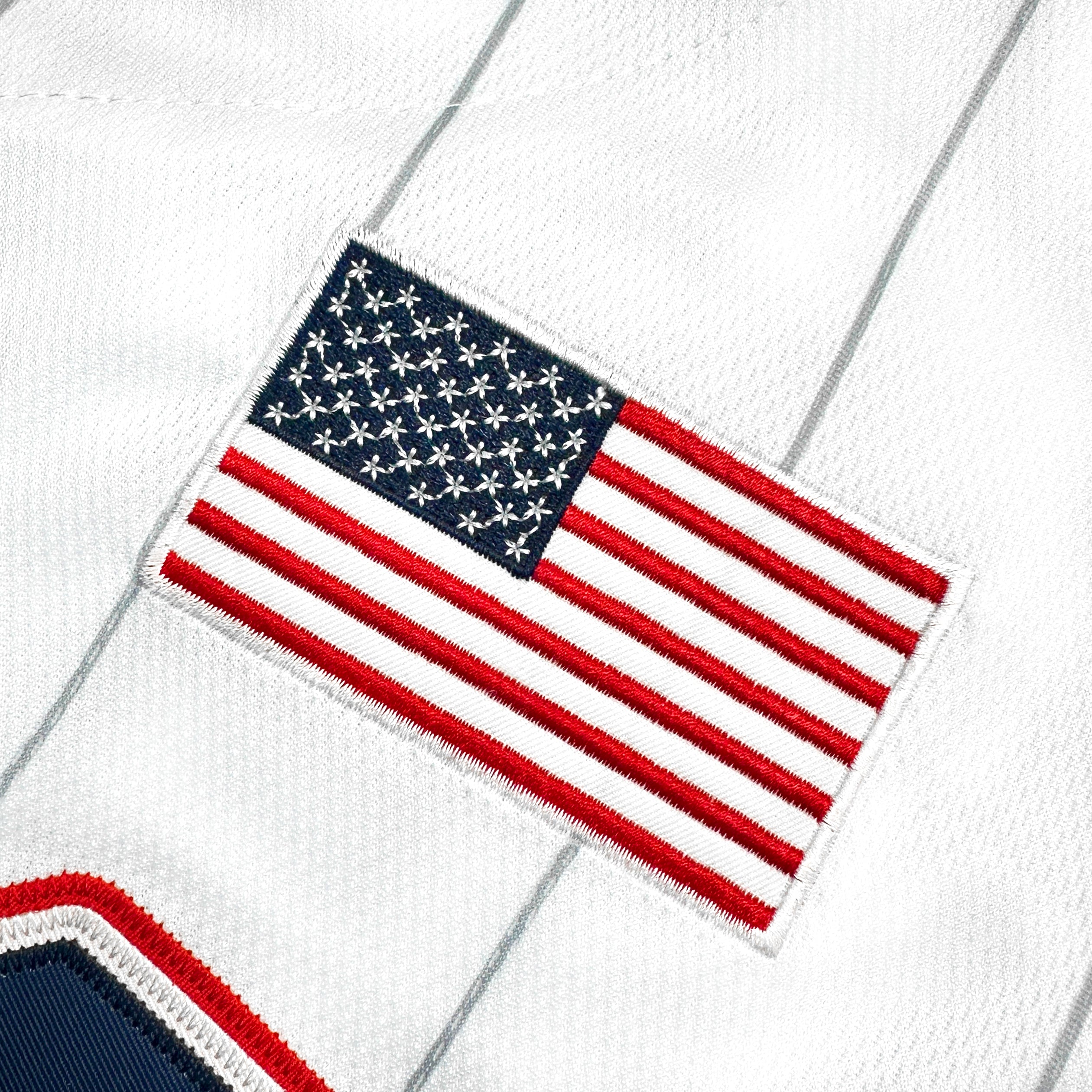 USA Heritage Custom Baseball Jersey White Pinstripes Closeup Flag